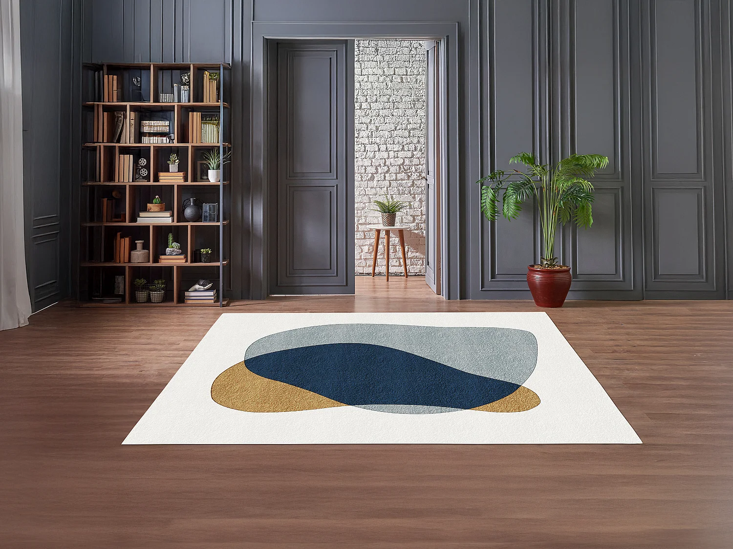 Dywan z abstrakcyjnym wzorem 160 x 230 cm - Biały, niebieski i żółty - SANTORELA