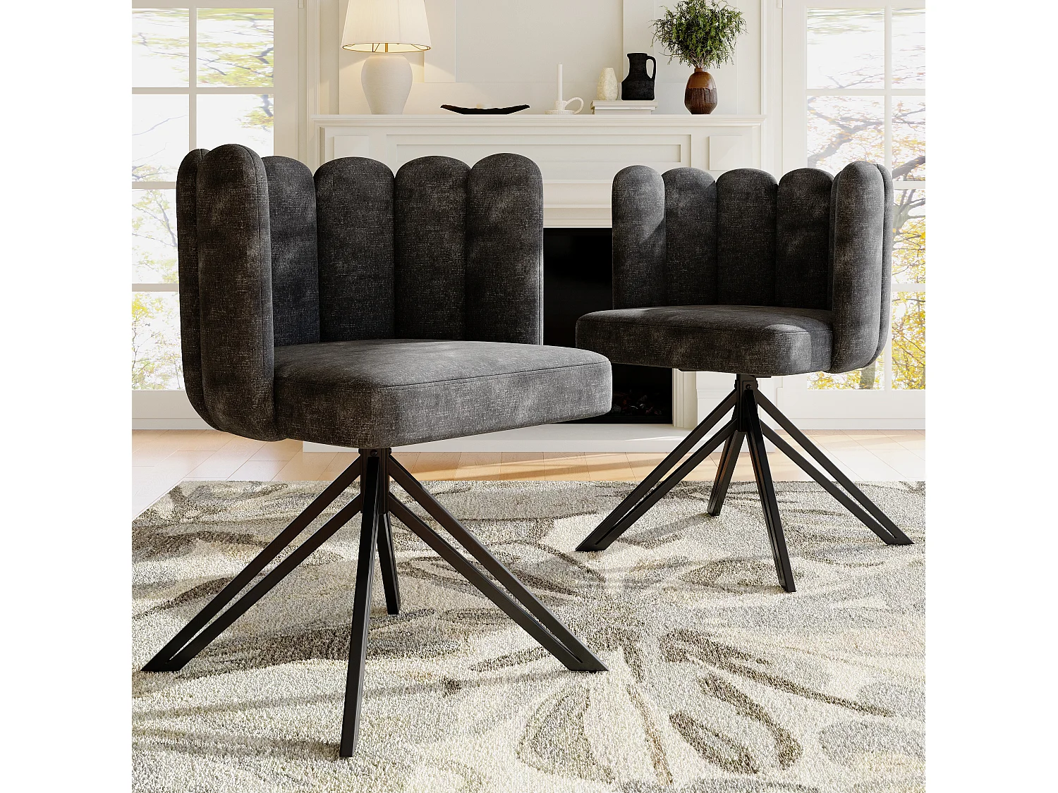 Set van 2 draaibare eetkamerstoelen met bloemblaadjesrugleuning - 51 x 58,5 x 76,5 cm - fluweel en metalen poten - grijs