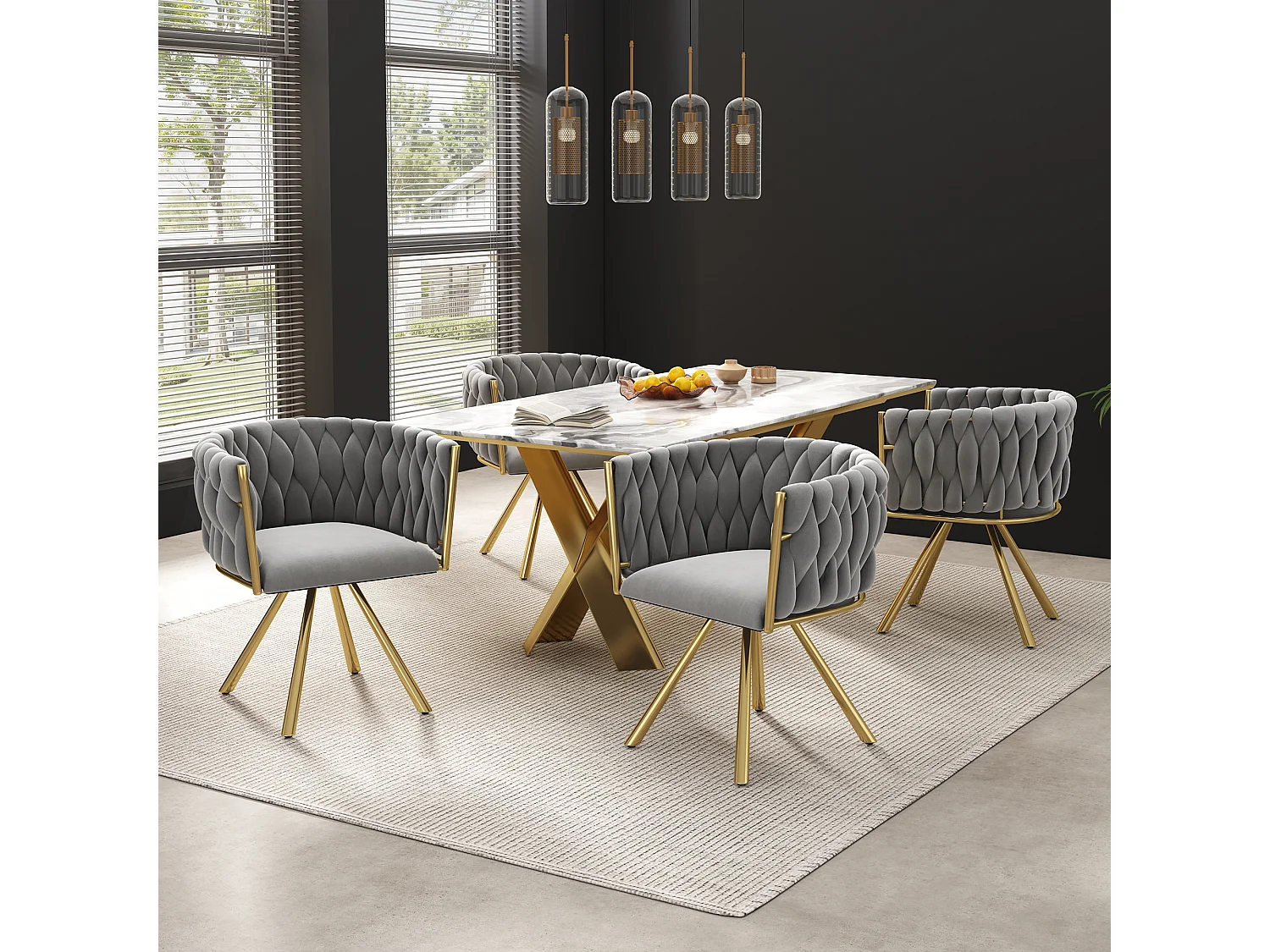 Set van 6 draaibare eetkamerstoelen met armleuningen - 59 x 54 x 72 cm - Fluweel - Grijs + Goud