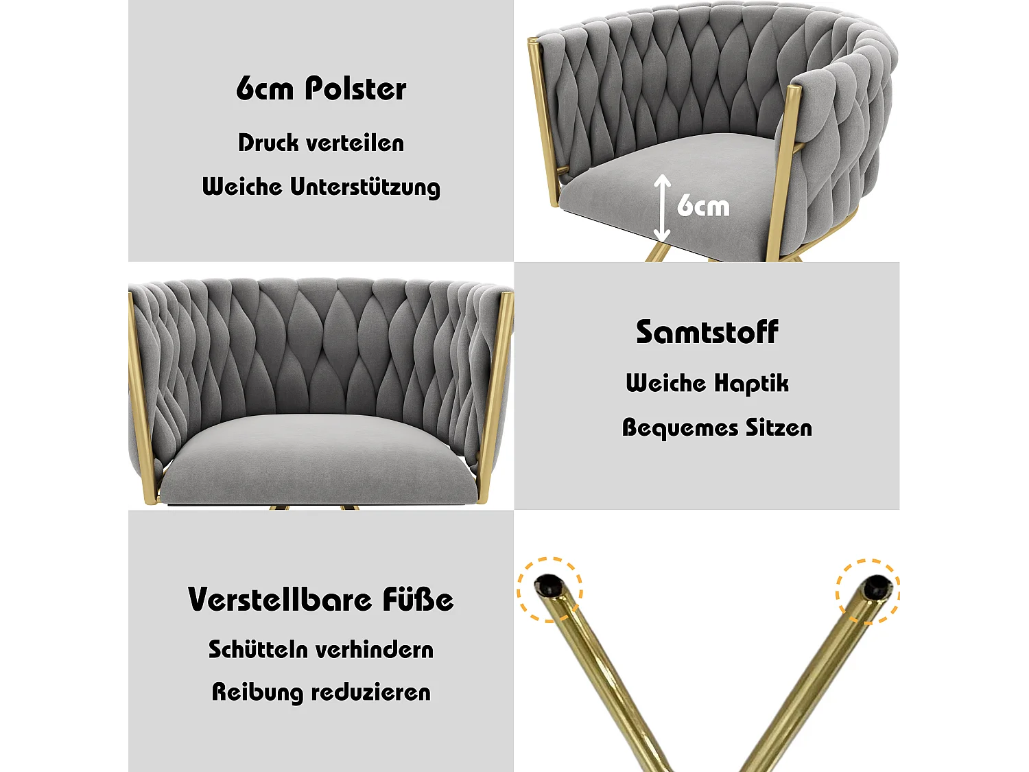 Set van 6 draaibare eetkamerstoelen met armleuningen - 59 x 54 x 72 cm - Fluweel - Grijs + Goud