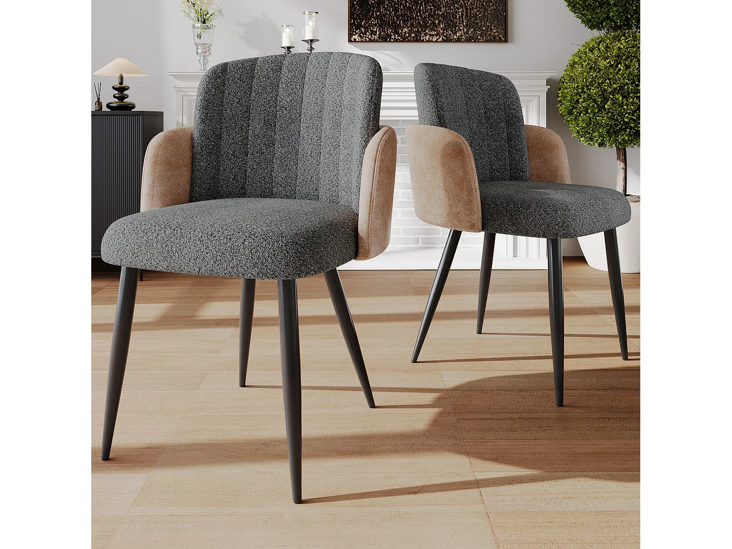 Conjunto de 2 cadeiras de jantar com braços - 57 x 58 x 76,5 cm - Veludo e pernas de metal - Cinza