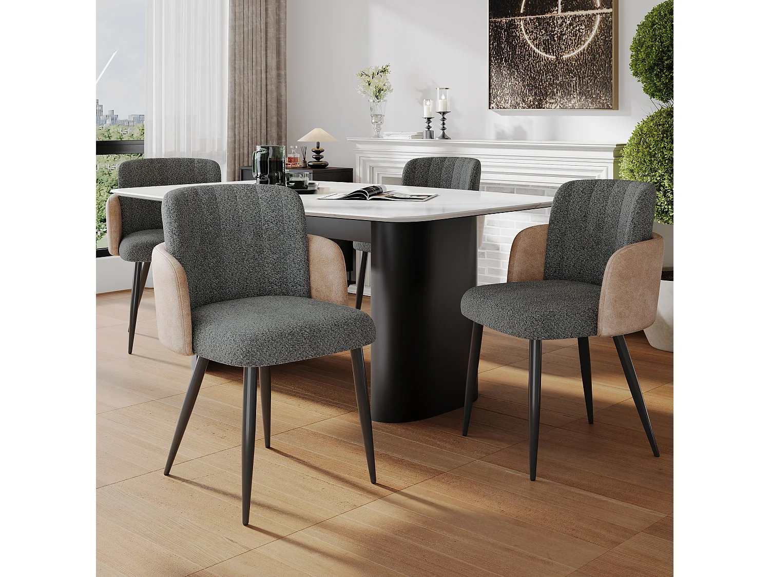 Conjunto de 2 cadeiras de jantar com braços - 57 x 58 x 76,5 cm - Veludo e pernas de metal - Cinza