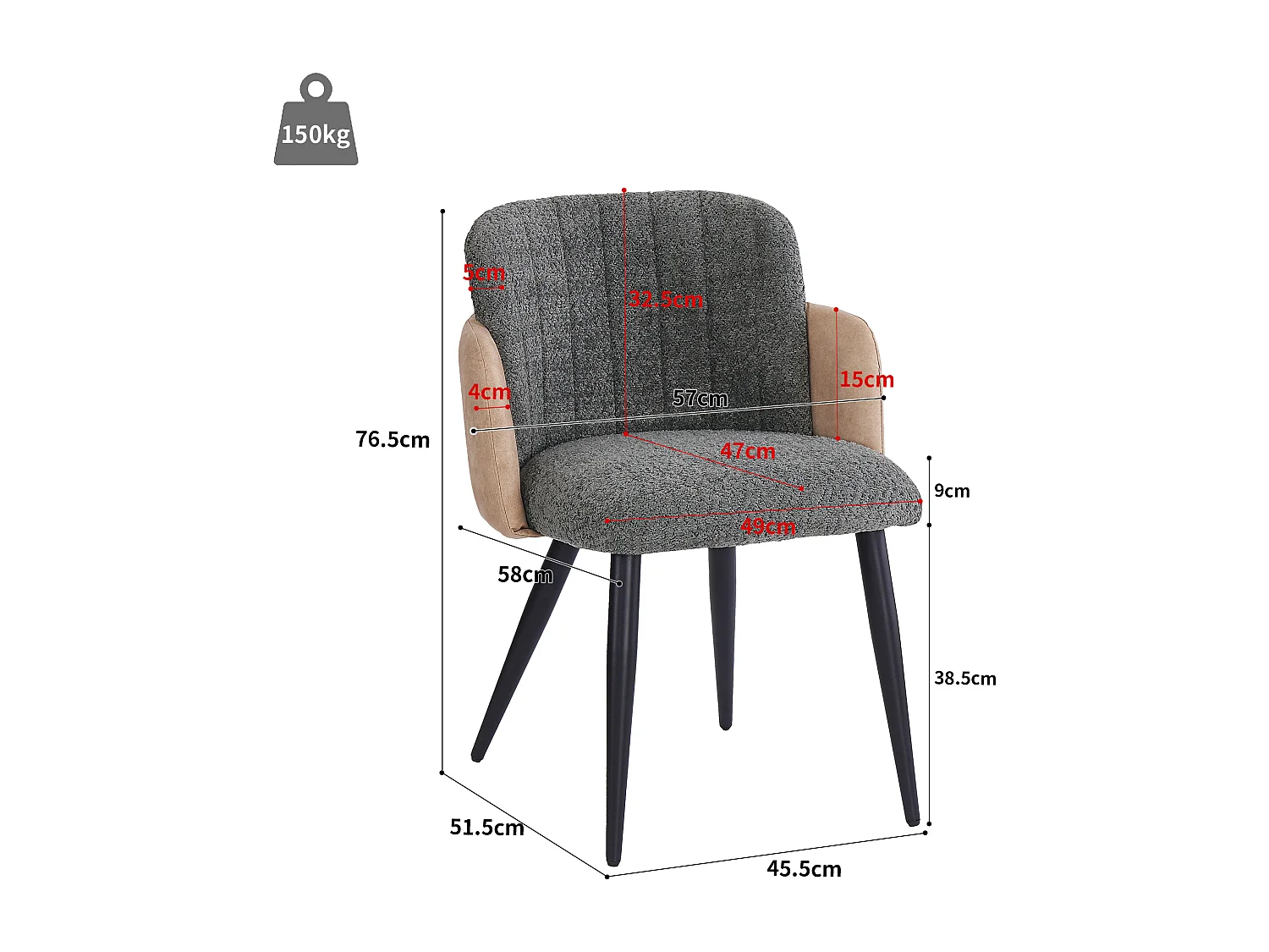 Conjunto de 2 cadeiras de jantar com braços - 57 x 58 x 76,5 cm - Veludo e pernas de metal - Cinza
