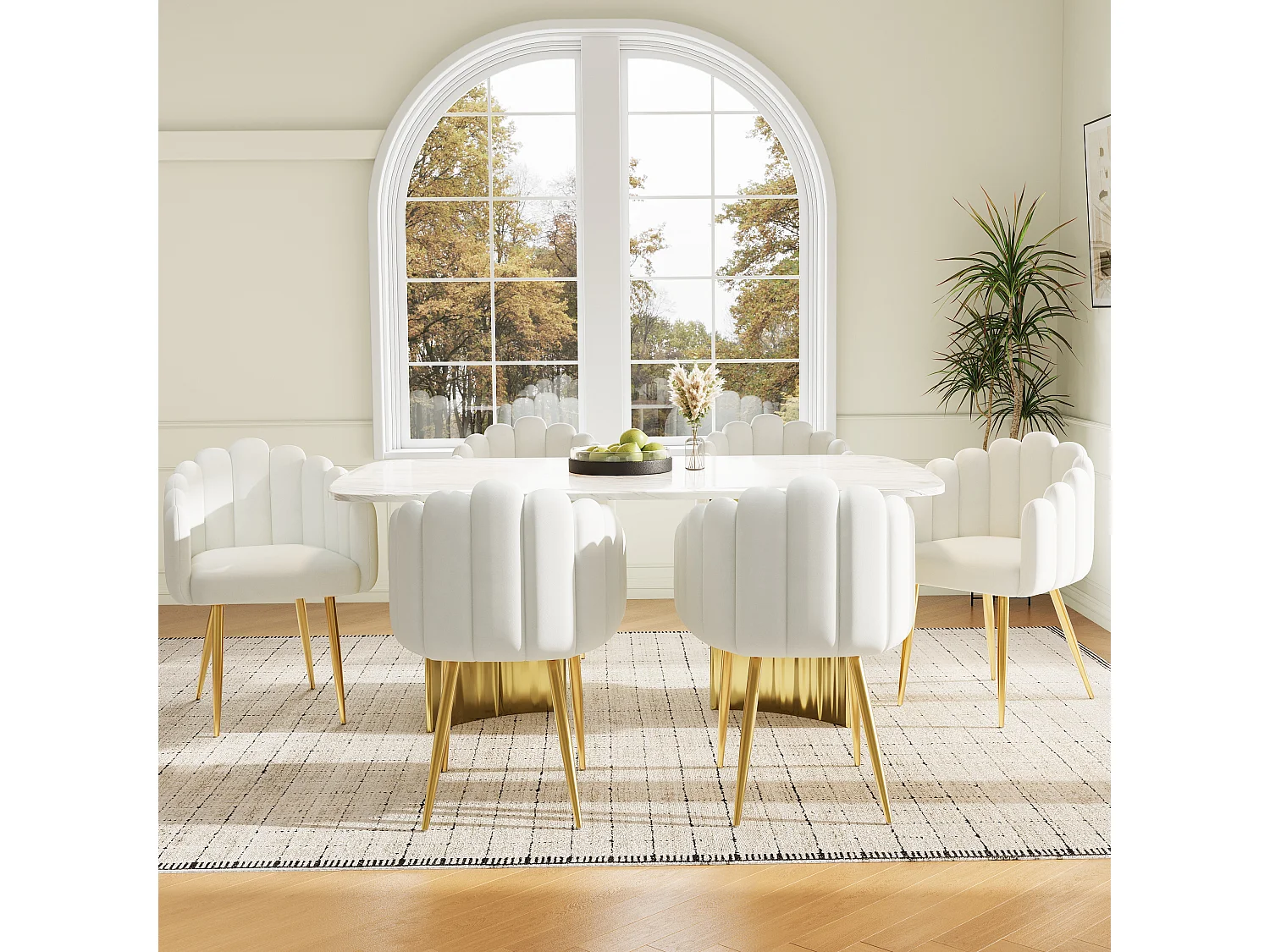 Juego de 6 sillas de comedor - 61 x 51,5 x 82 cm - Patas de hierro galvanizado dorado y terciopelo - Beige