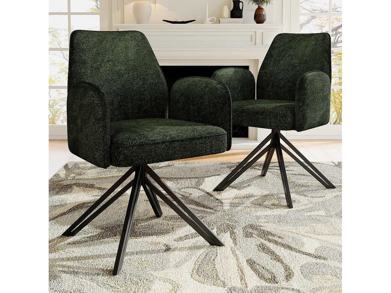 Lot de 2 chaises de salle à manger pivotantes - 62 x 67.5 x 88.5 cm - Velours et pieds en métal - Vert foncé