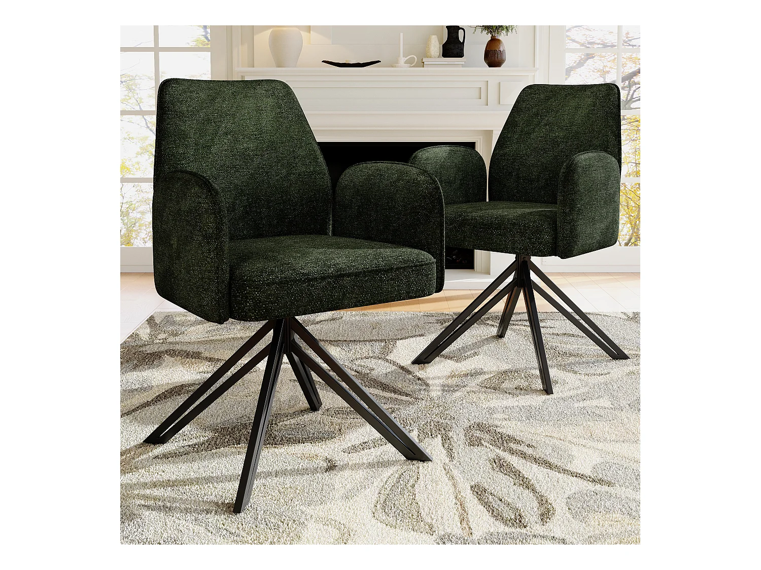 Lot de 2 chaises de salle à manger pivotantes - 62 x 67.5 x 88.5 cm - Velours et pieds en métal - Vert foncé