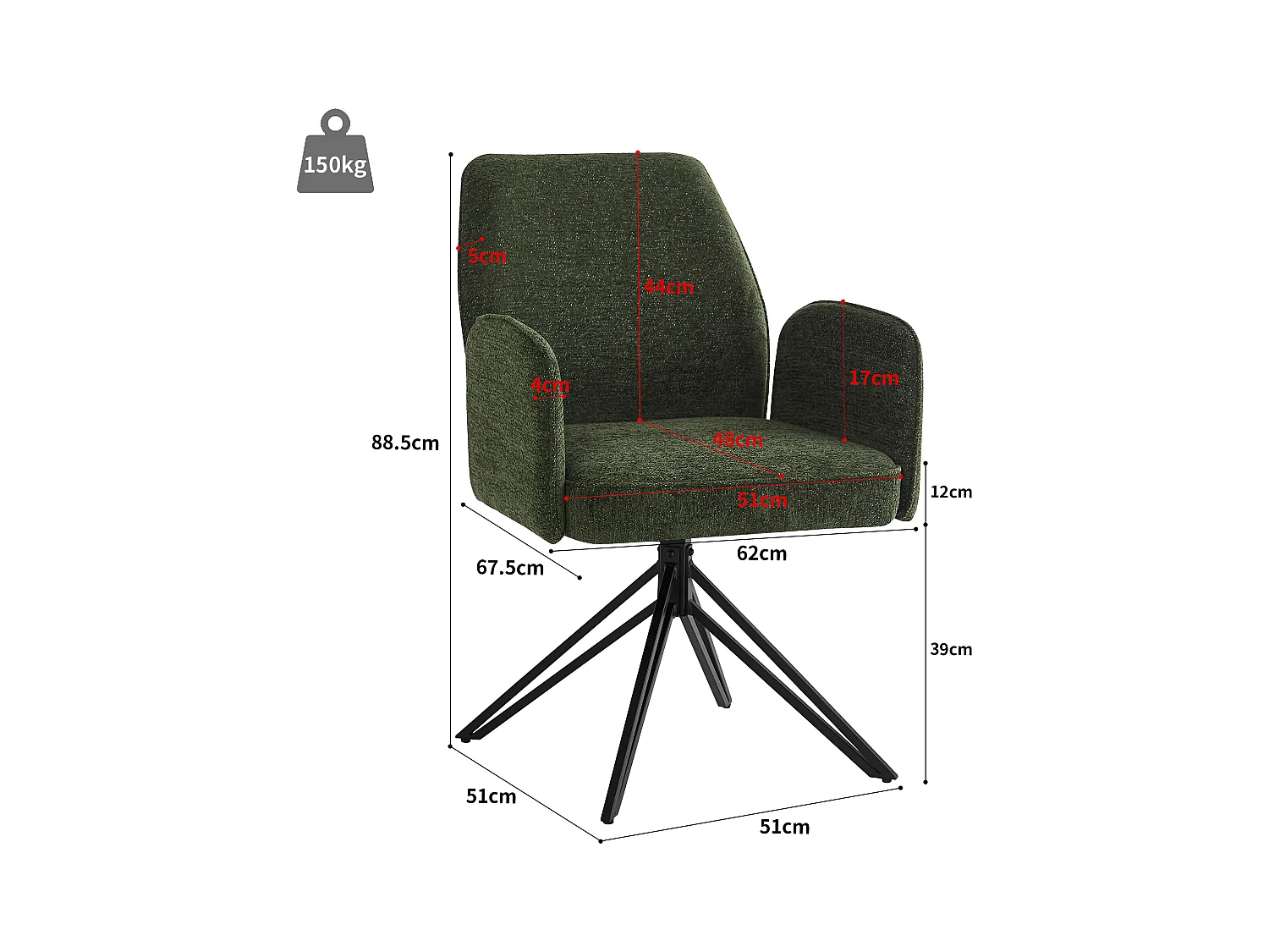 Lot de 2 chaises de salle à manger pivotantes - 62 x 67.5 x 88.5 cm - Velours et pieds en métal - Vert foncé