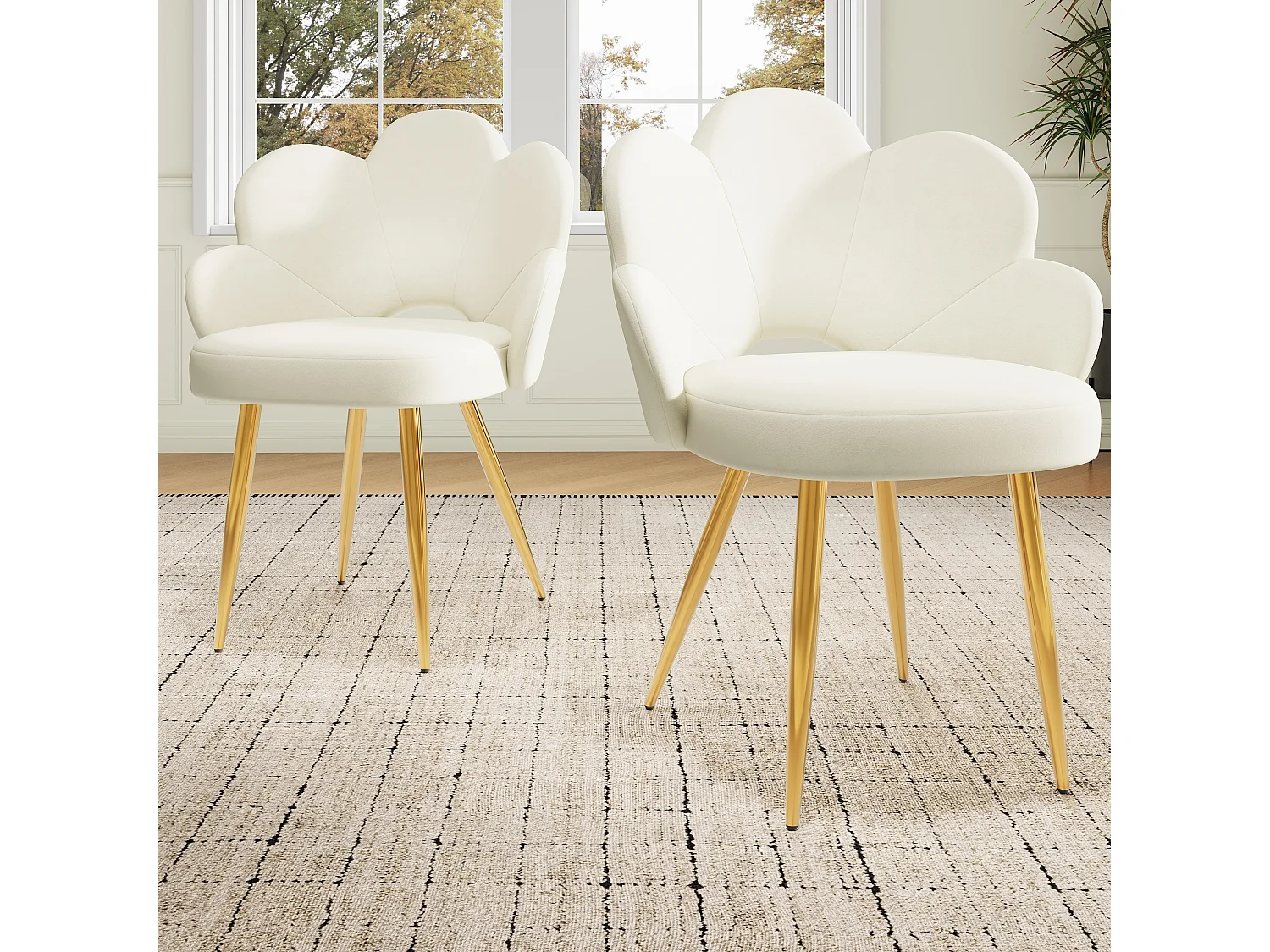 Lot de 2 chaises de salle à manger - 50 x 46.5 x 85 cm - Velours et pieds en fer doré galvanisé - Design floral - Beige