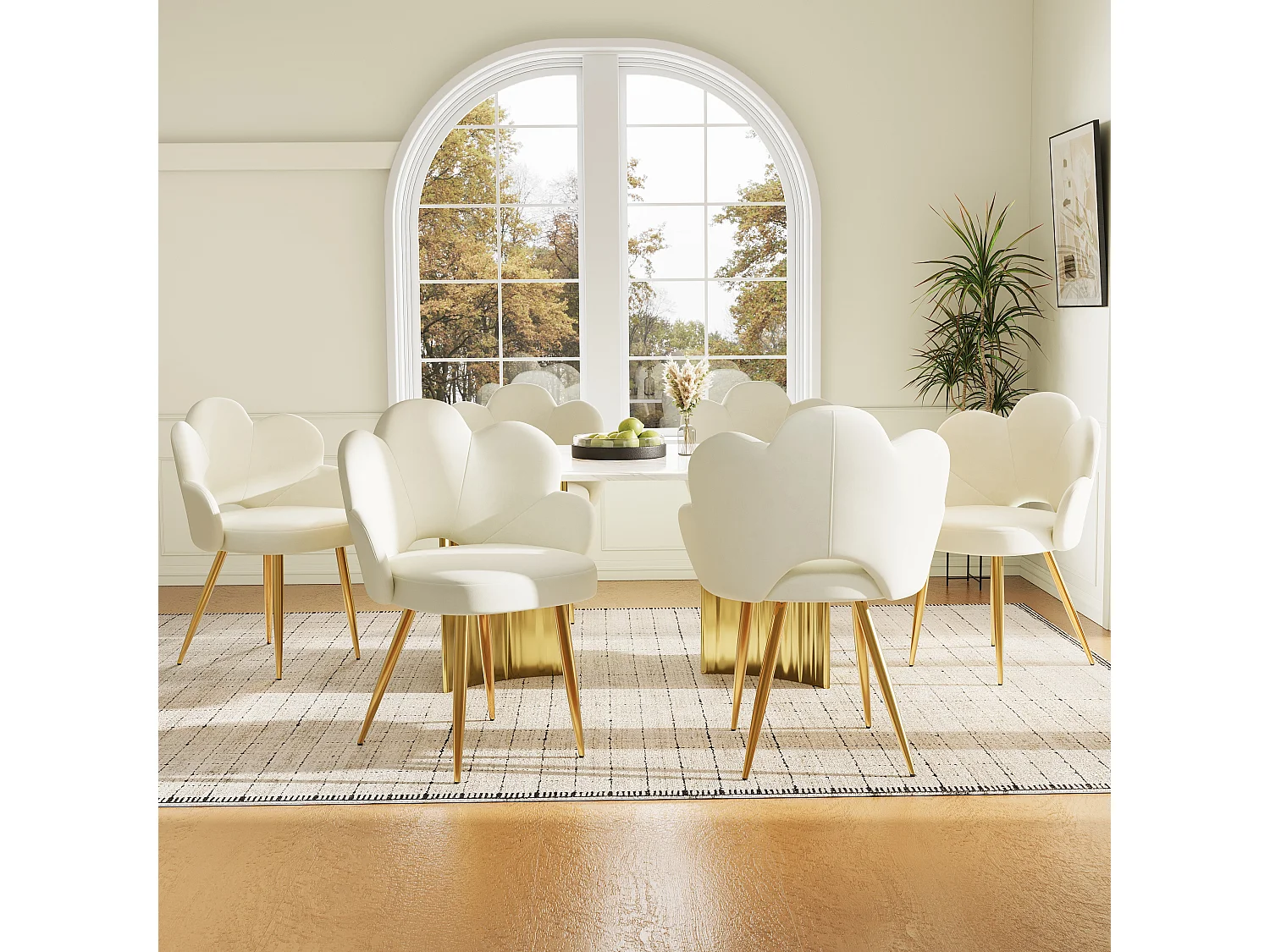 Lot de 2 chaises de salle à manger - 50 x 46.5 x 85 cm - Velours et pieds en fer doré galvanisé - Design floral - Beige