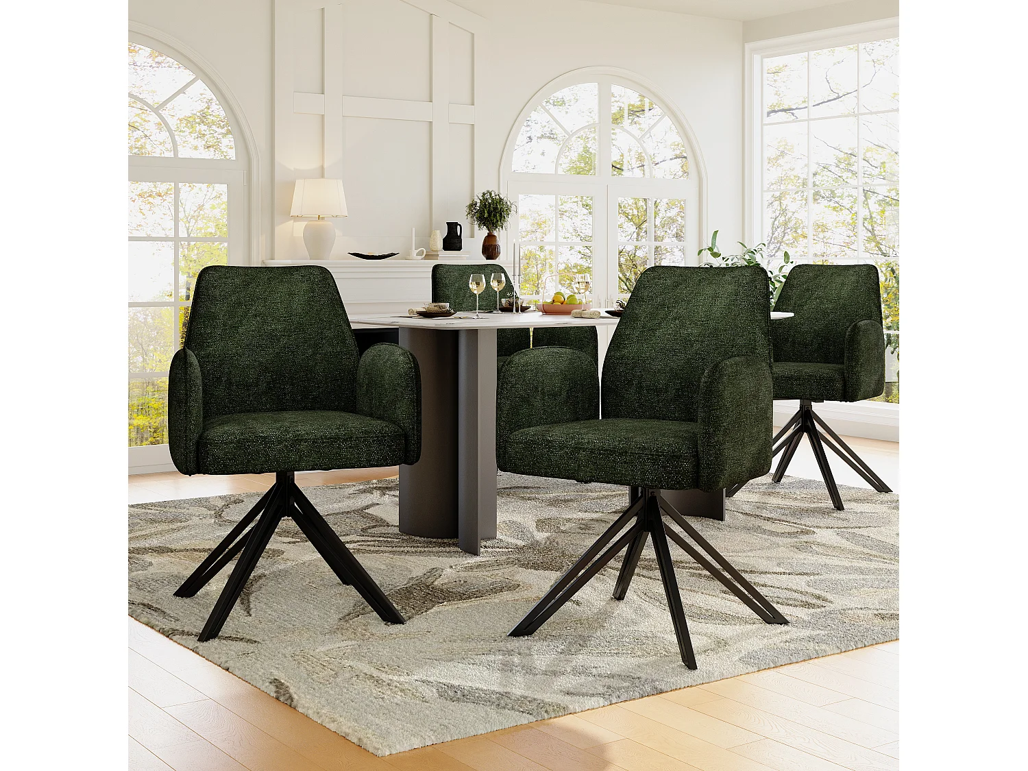 Conjunto de 4 cadeiras de jantar giratórias - 62 x 67,5 x 88,5 cm - Veludo e pernas de metal - Verde escuro