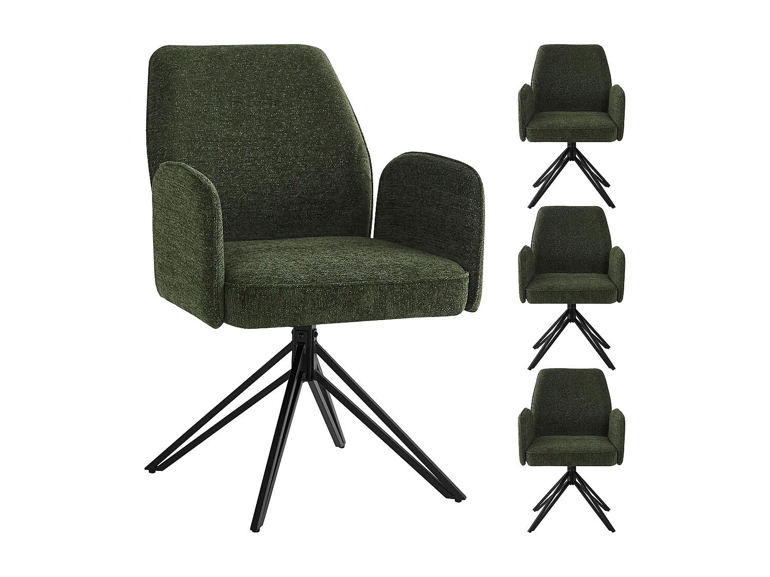 Conjunto de 4 cadeiras de jantar giratórias - 62 x 67,5 x 88,5 cm - Veludo e pernas de metal - Verde escuro