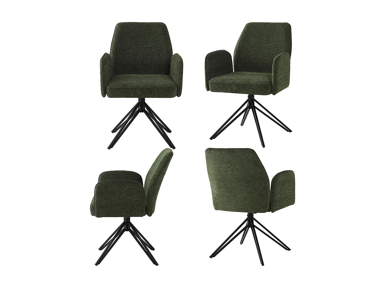 Conjunto de 4 cadeiras de jantar giratórias - 62 x 67,5 x 88,5 cm - Veludo e pernas de metal - Verde escuro