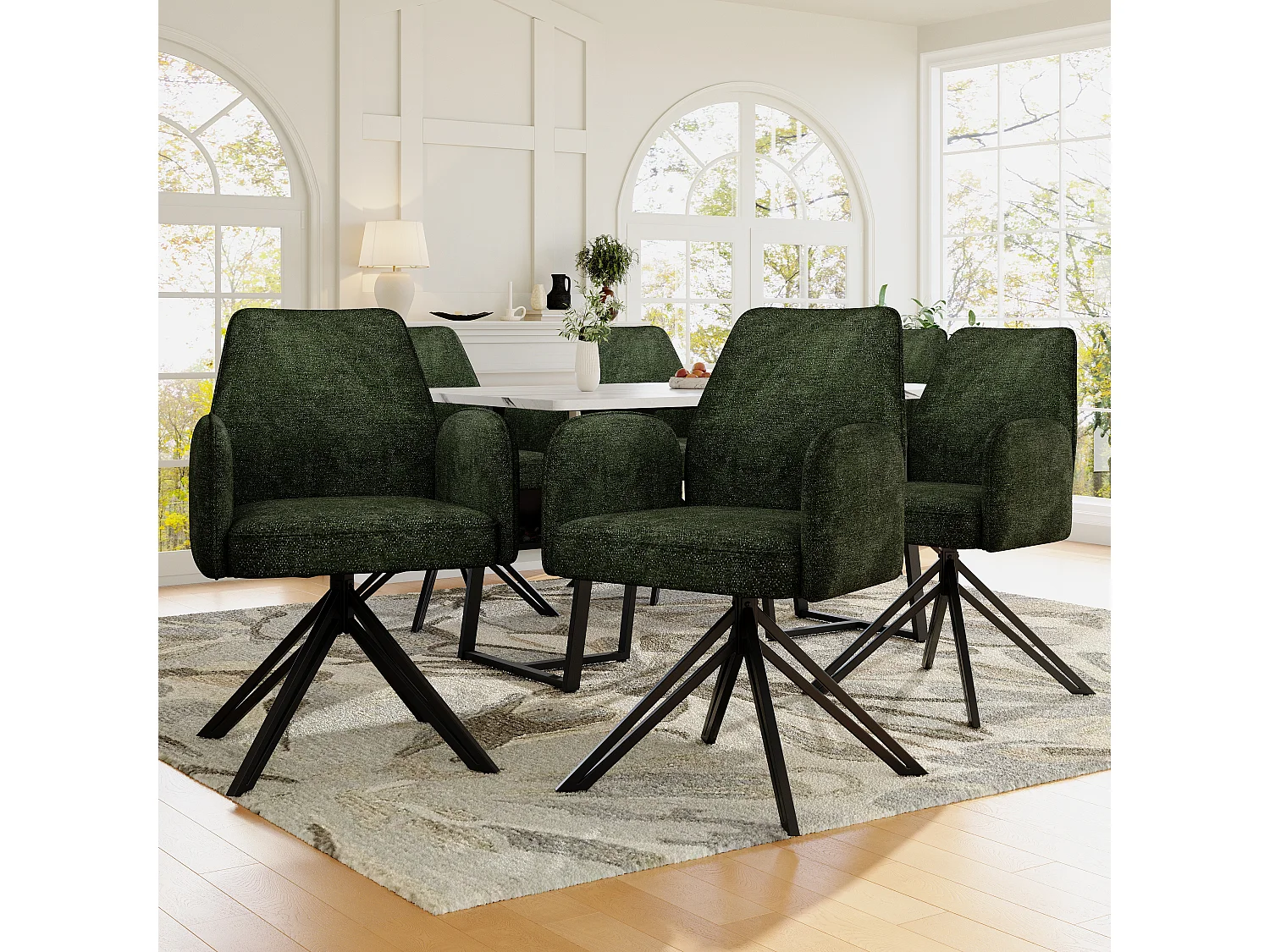 Set van 6 draaibare eetkamerstoelen - 62 x 67,5 x 88,5 cm - Fluwelen en metalen poten - Donkergroen