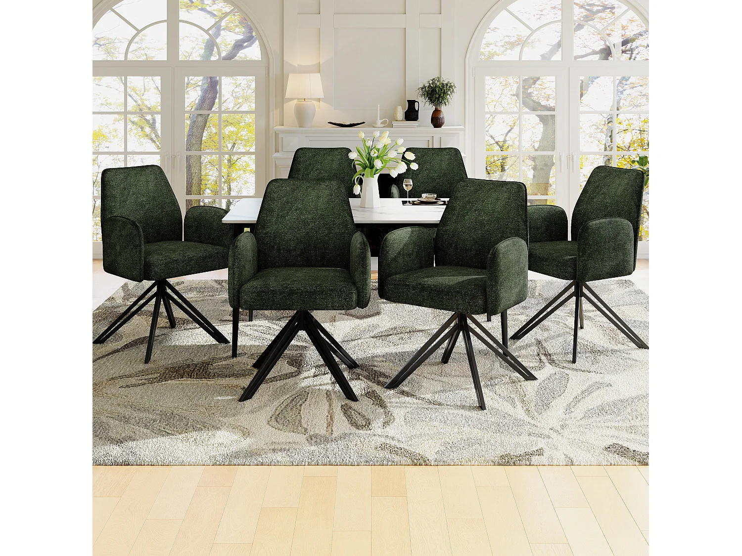 Lot de 6 chaises de salle à manger pivotantes - 62 x 67.5 x 88.5 cm - Velours et pieds en métal - Vert foncé