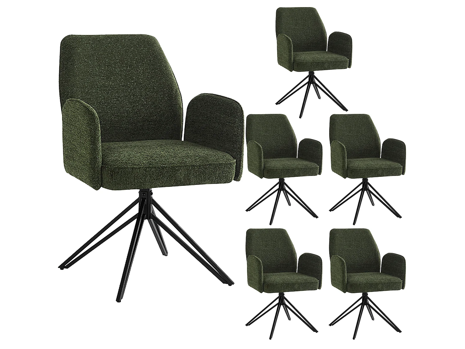 Set van 6 draaibare eetkamerstoelen - 62 x 67,5 x 88,5 cm - Fluwelen en metalen poten - Donkergroen