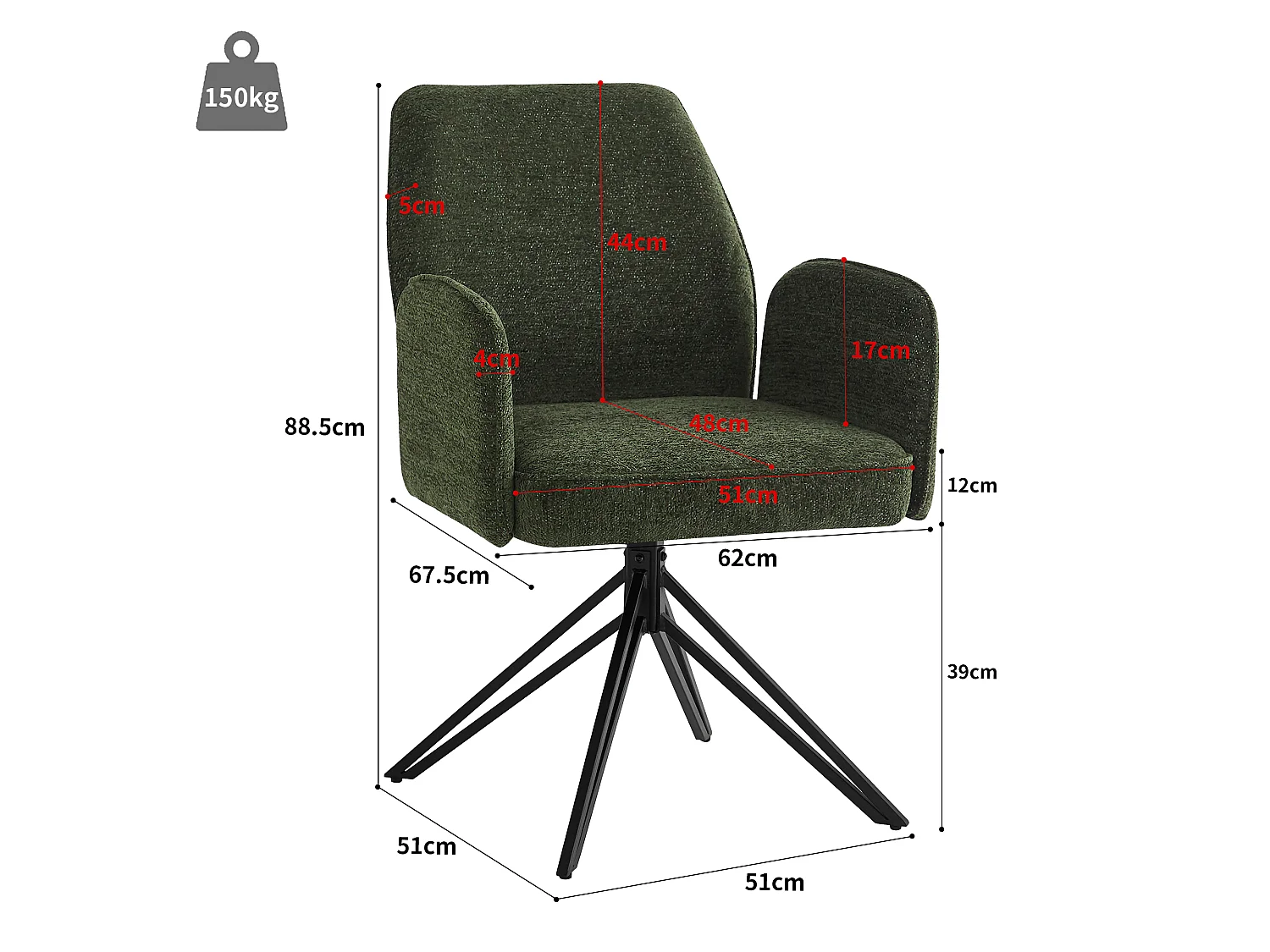Set van 6 draaibare eetkamerstoelen - 62 x 67,5 x 88,5 cm - Fluwelen en metalen poten - Donkergroen