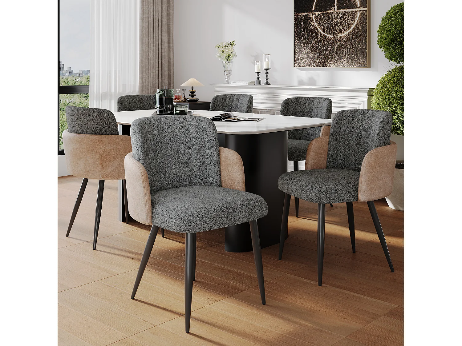 Lot de 6 chaises de salle à manger avec accoudoirs - 57 x 58 x 76.5 cm - Velours et pieds en métal - Gris