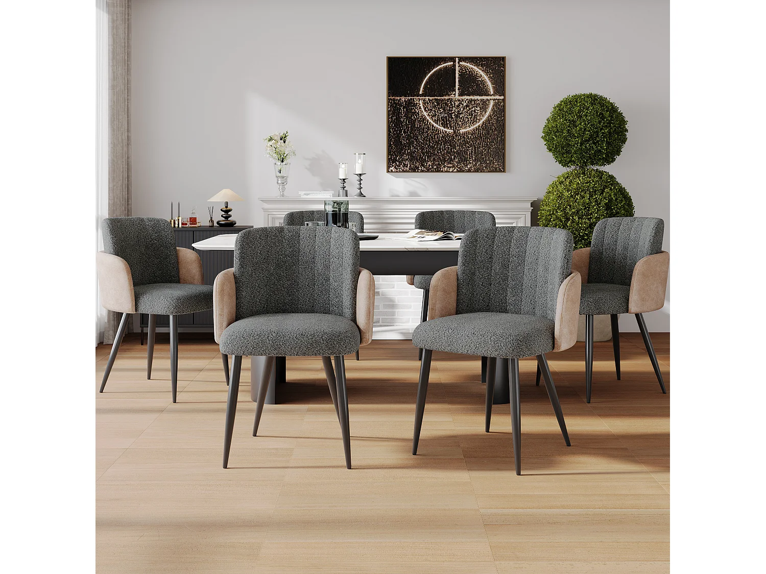 Lot de 6 chaises de salle à manger avec accoudoirs - 57 x 58 x 76.5 cm - Velours et pieds en métal - Gris