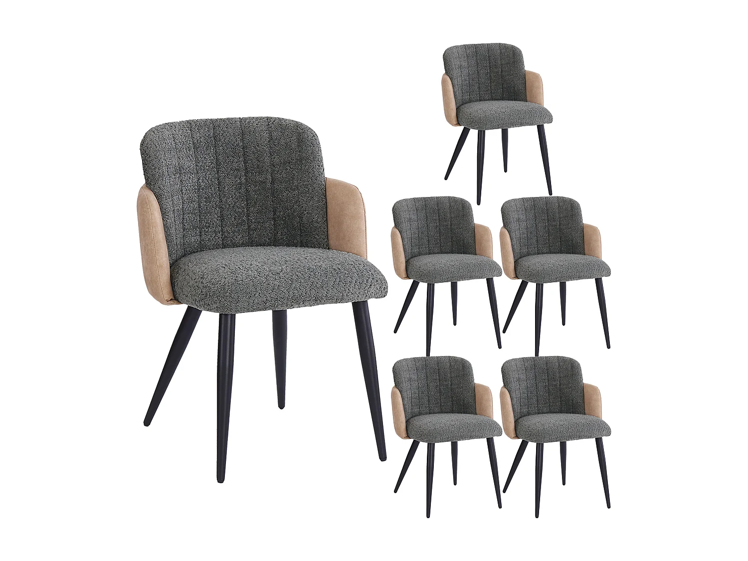 Lot de 6 chaises de salle à manger avec accoudoirs - 57 x 58 x 76.5 cm - Velours et pieds en métal - Gris