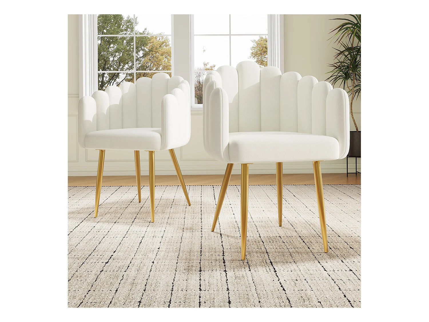 Lot de 2 Chaises de salle à manger - 61 x 51.5 x 82 cm - Velours et pieds en fer doré galvanisé - Beige