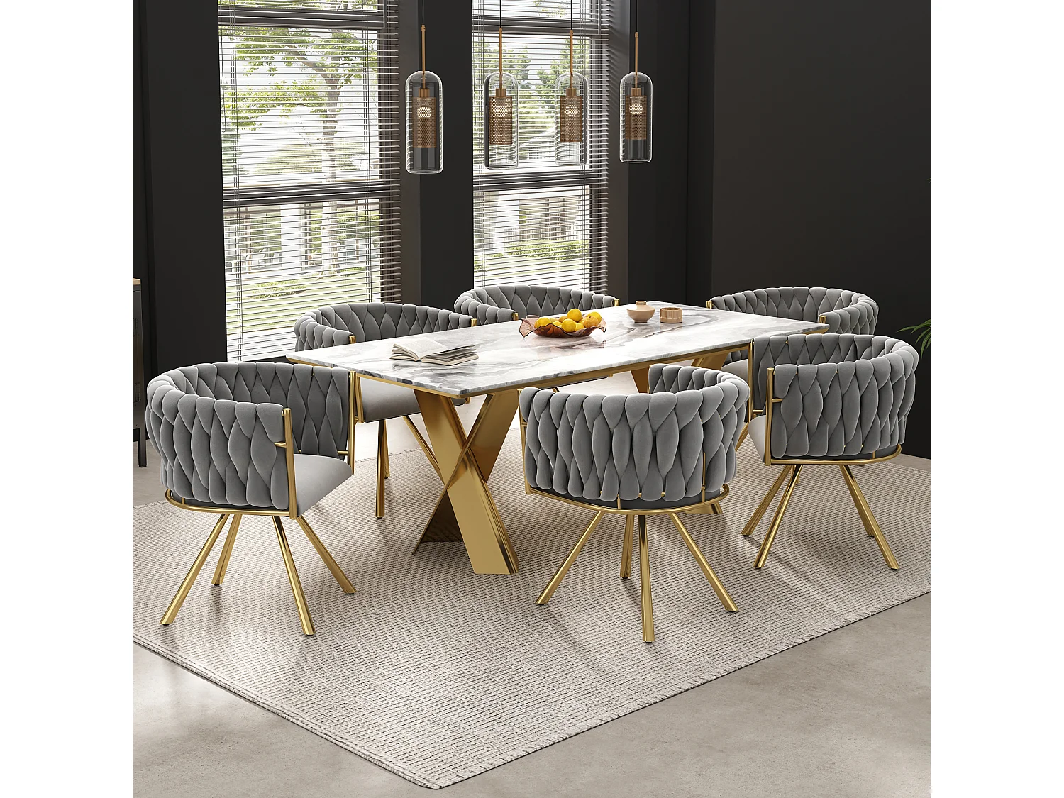 Lot de 2 chaises de salle à manger pivotantes avec accoudoirs - 59 x 54 x 72 cm - Velours - Gris + or