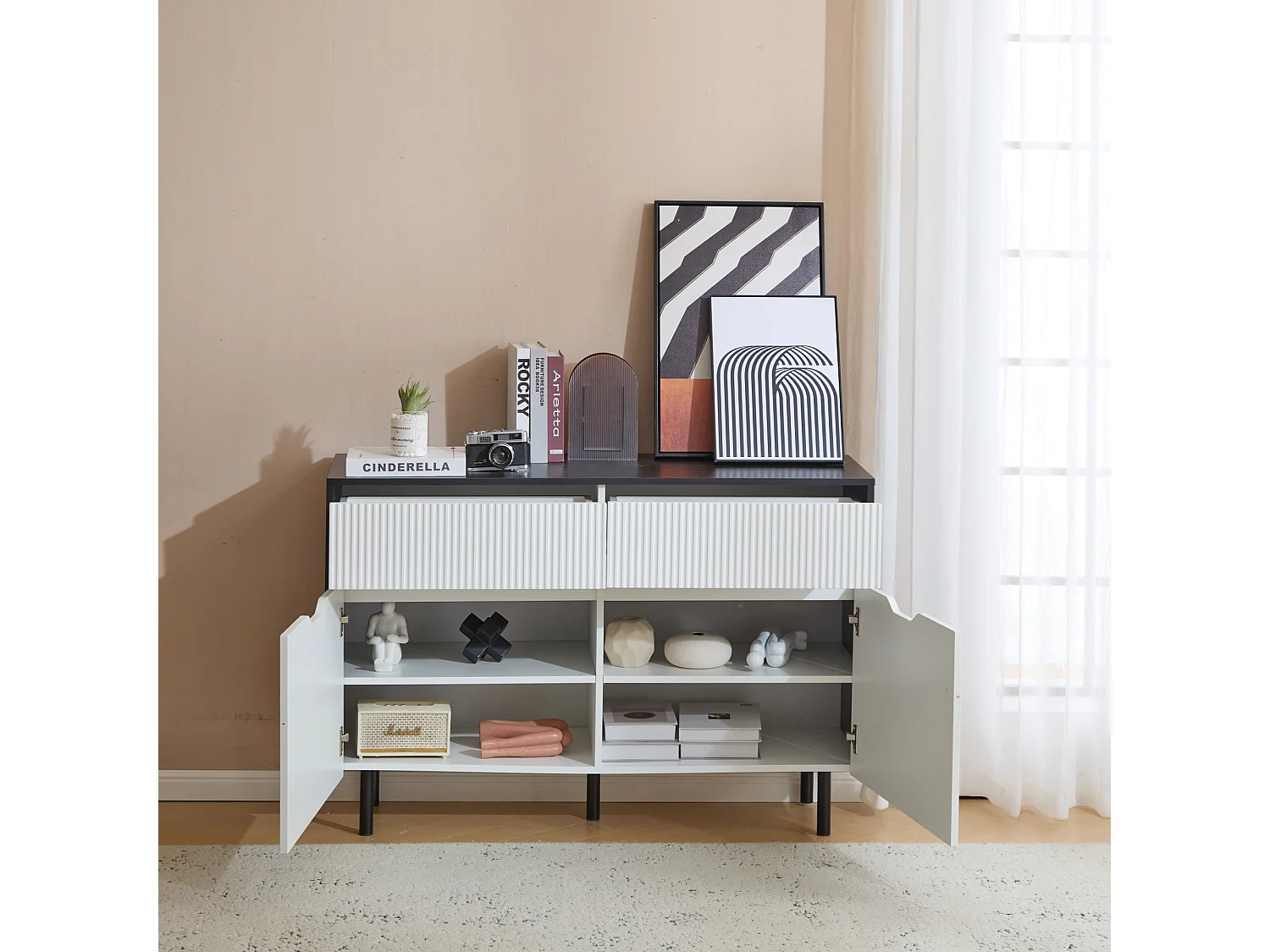 Aparador con 2 puertas y 2 cajones - 120 x 40 x 80 cm - Madera MDF - Estantes regulables - Blanco