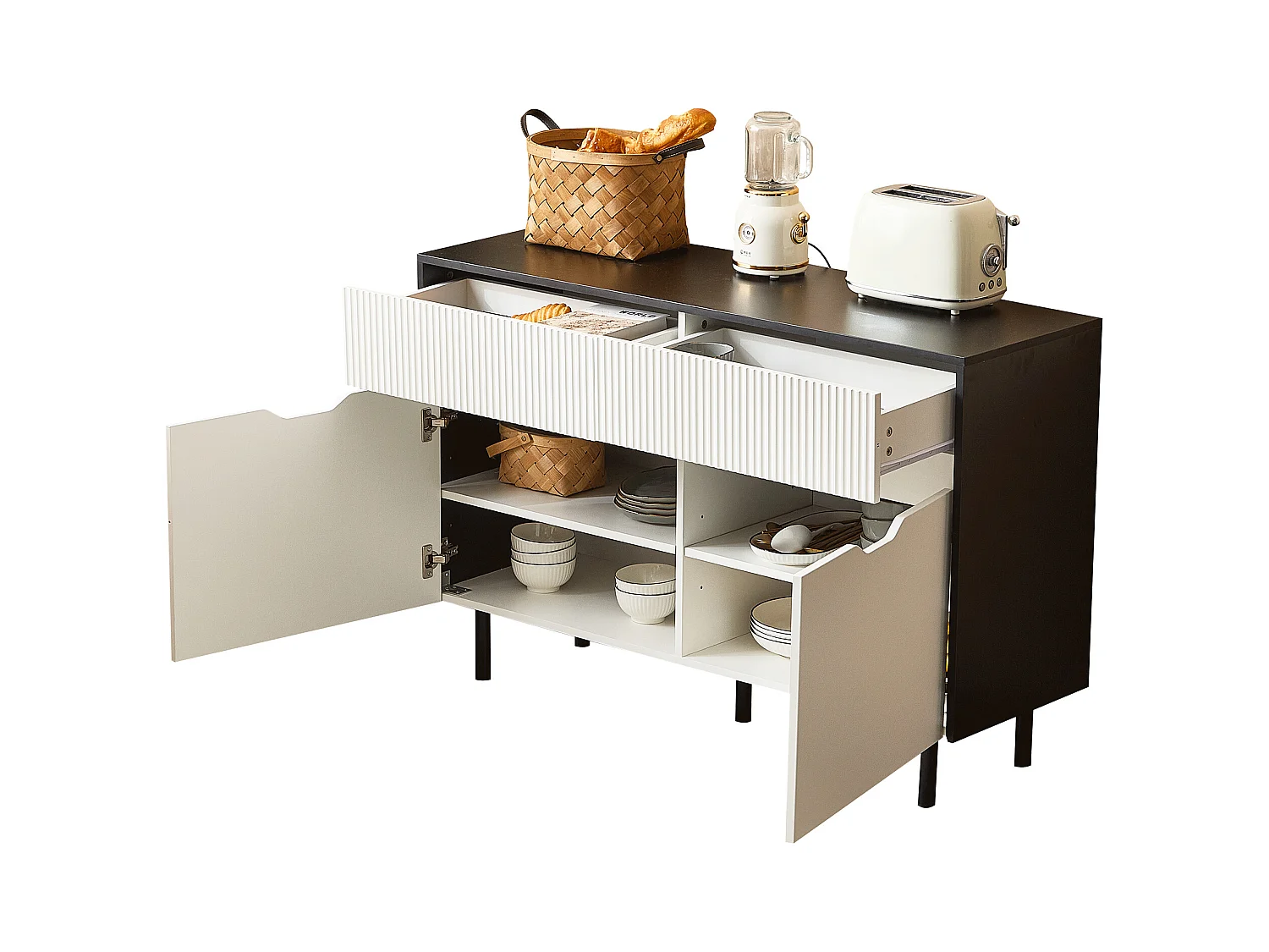 Komoda z 2 drzwiami i 2 szufladami - 120 x 40 x 80 cm - Drewno MDF - Regulowane półki - Biały