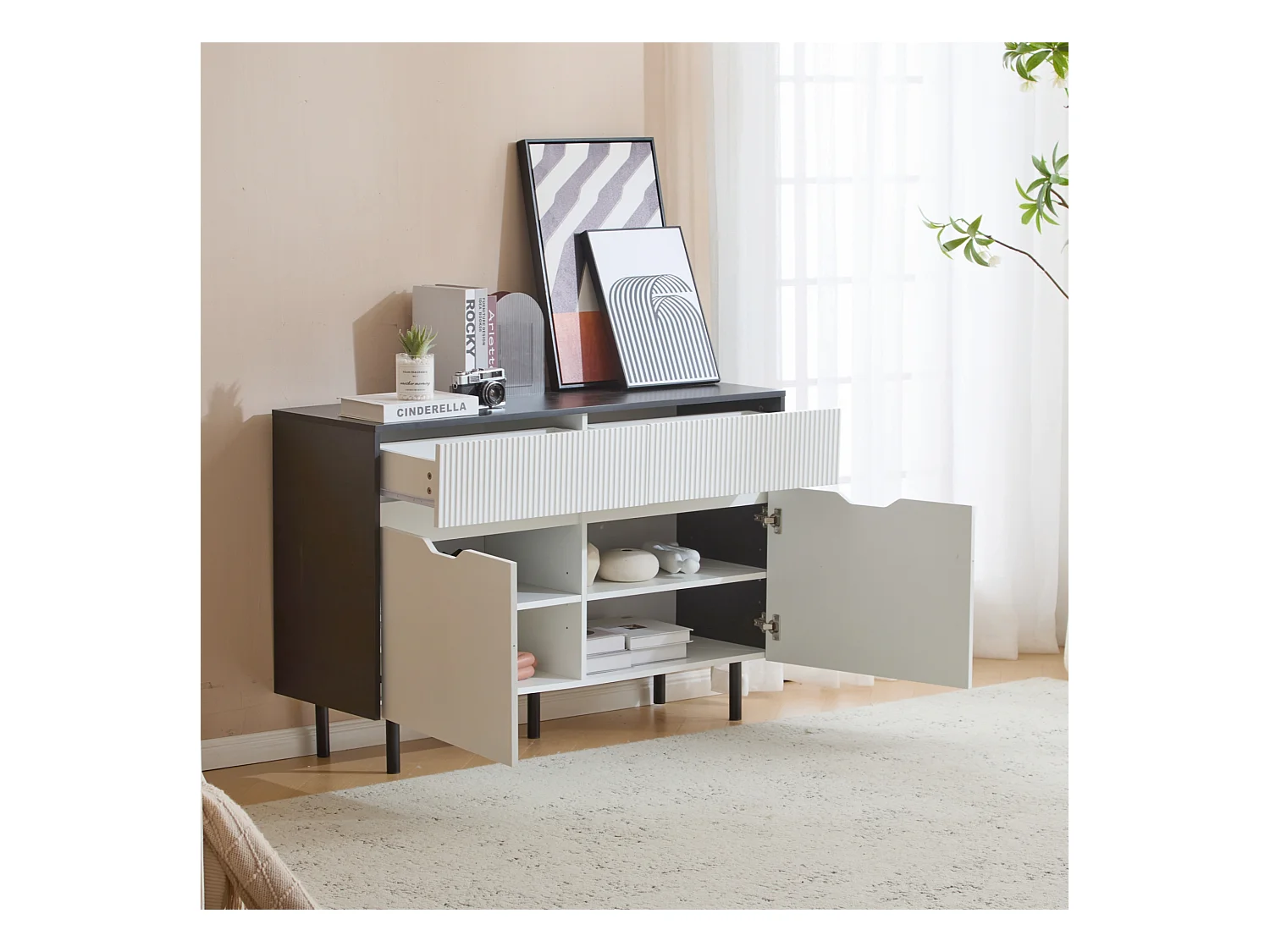 Buffet avec 2 portes et 2 tiroirs - 120 x 40 x 80 cm - Bois MDF - Etagères réglables - Blanc