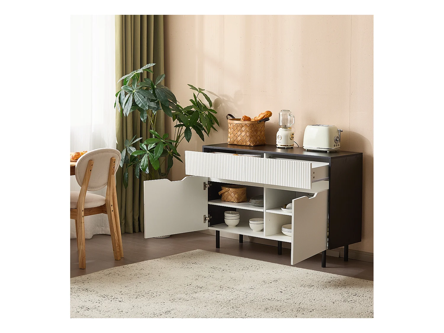 Buffet avec 2 portes et 2 tiroirs - 120 x 40 x 80 cm - Bois MDF - Etagères réglables - Blanc