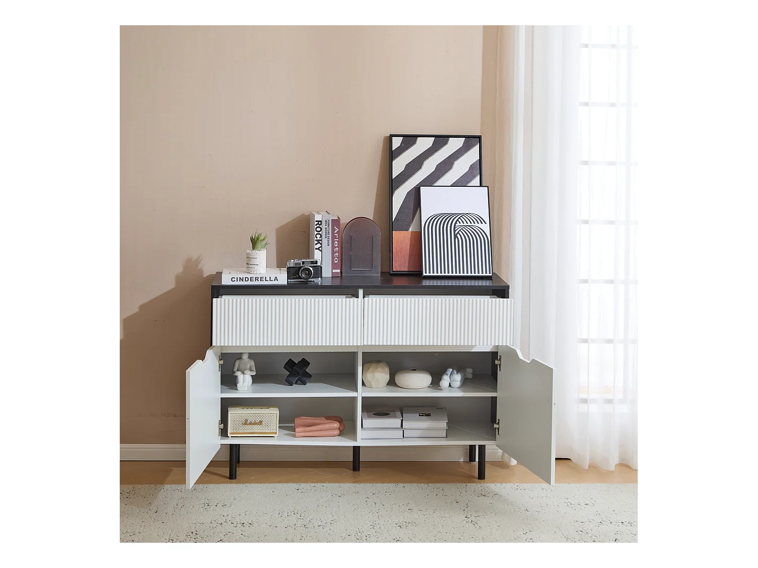 Buffet avec 2 portes et 2 tiroirs - 120 x 40 x 80 cm - Bois MDF - Etagères réglables - Blanc