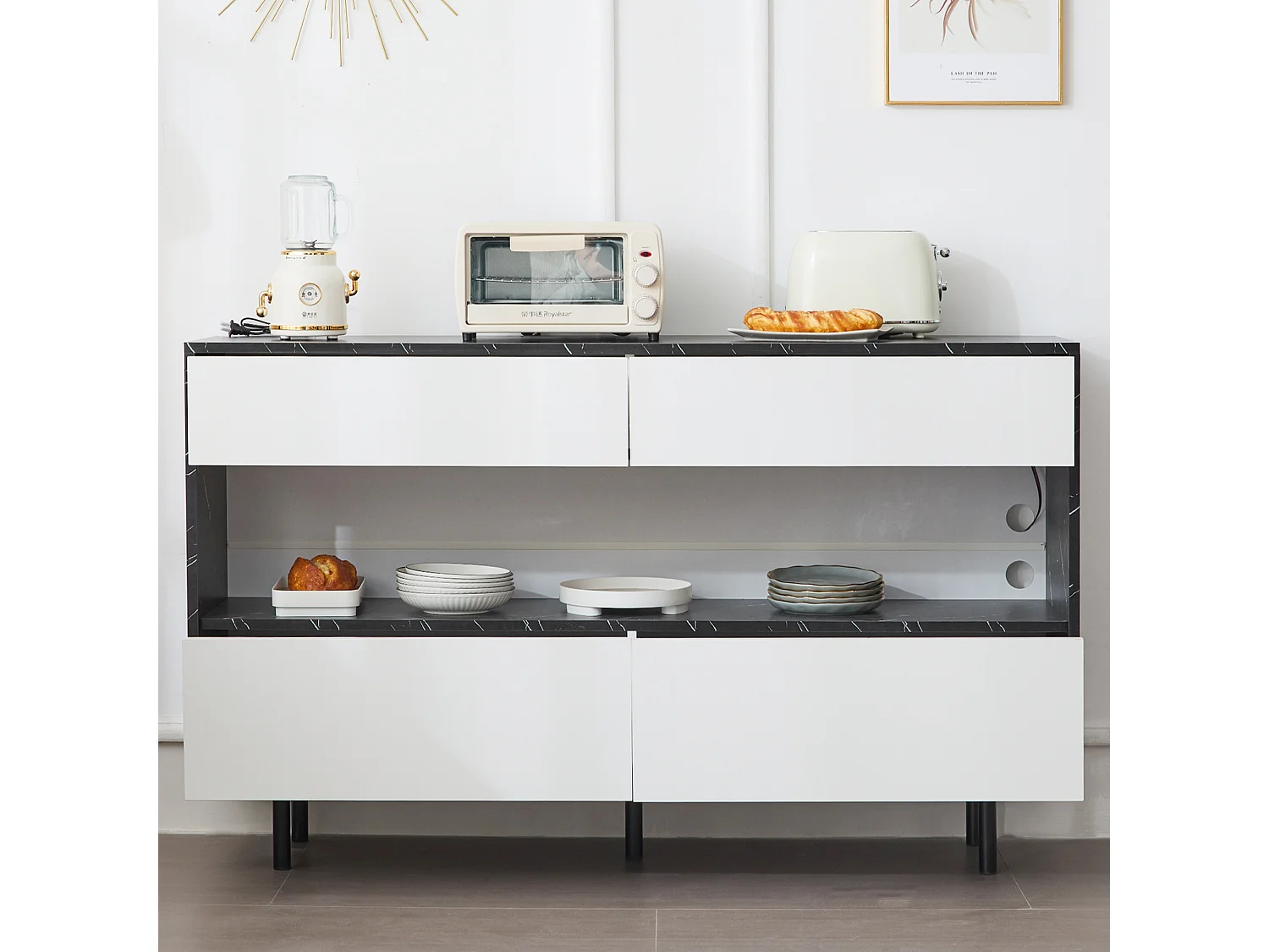 Buffet avec 4 tiroirs et compartiment ouvert - 150 x 35 x 89.5 cm - LEDs - Bois MDF - Plateau en effet marbre - Noir