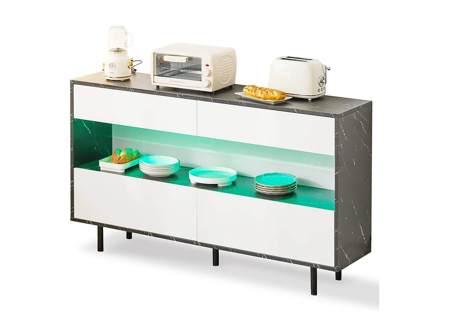 Buffet avec 4 tiroirs et compartiment ouvert - 150 x 35 x 89.5 cm - LEDs - Bois MDF - Plateau en effet marbre - Noir