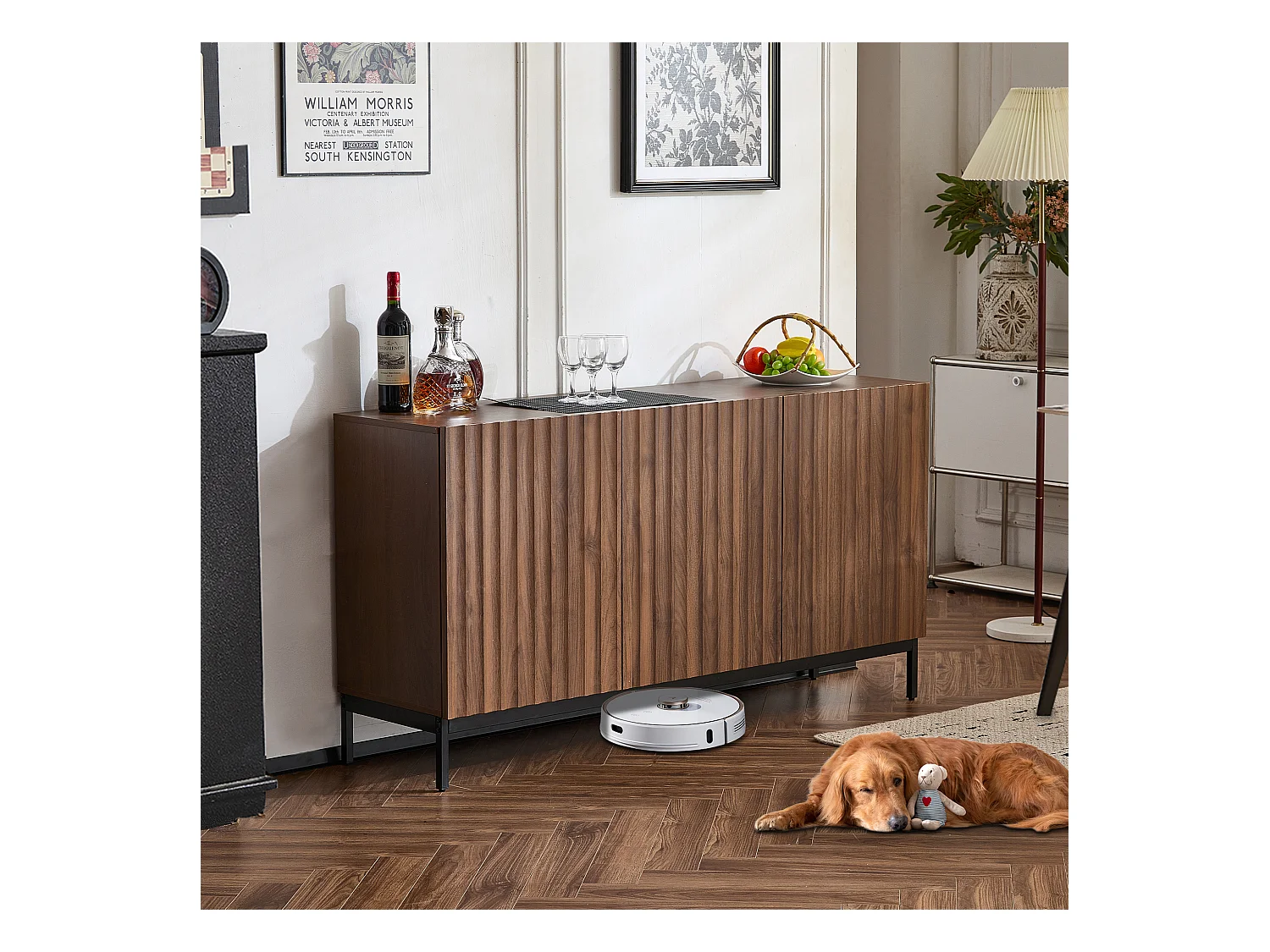 Buffet avec 3 portes - 150 x 40 x 80 cm - Bois MDF - Etagères réglables - Design 3D ondulé - Marron