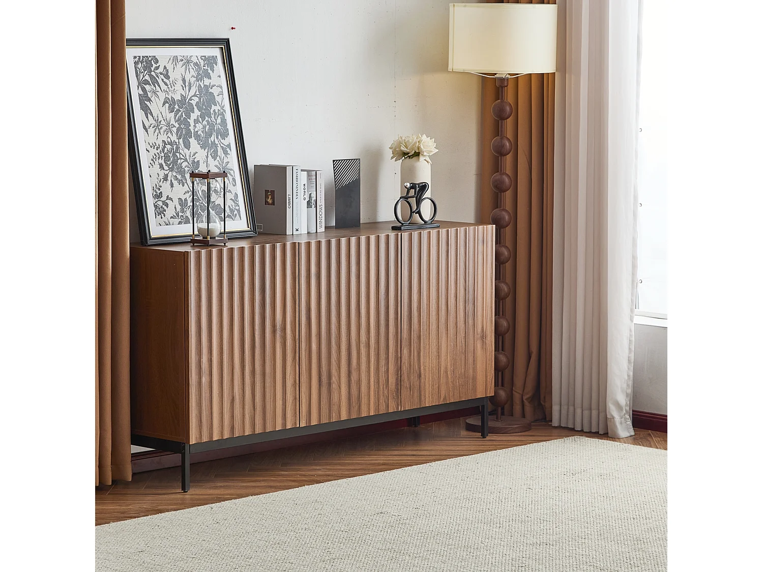 Buffet avec 3 portes - 150 x 40 x 80 cm - Bois MDF - Etagères réglables - Design 3D ondulé - Marron