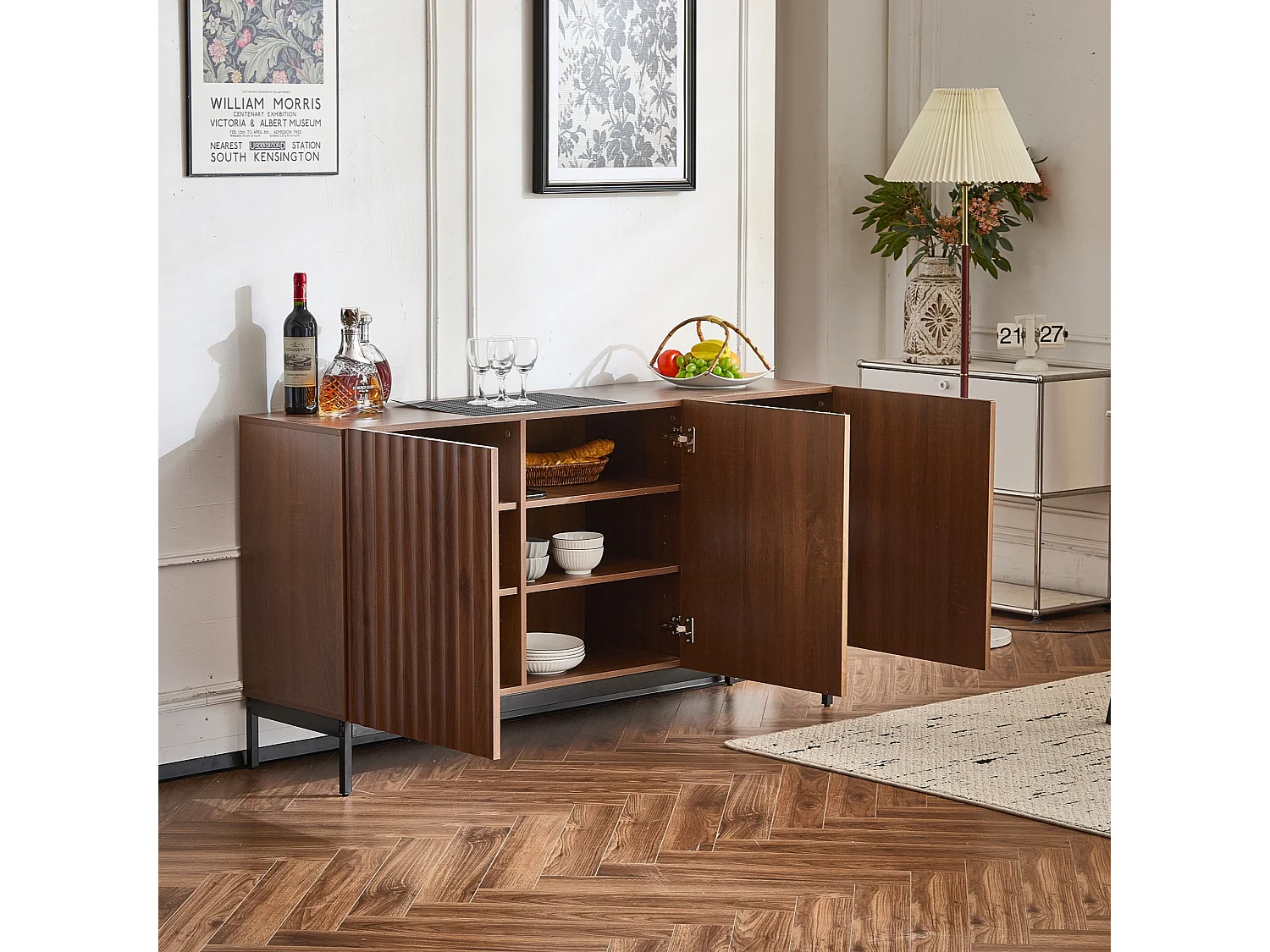 Buffet avec 3 portes - 150 x 40 x 80 cm - Bois MDF - Etagères réglables - Design 3D ondulé - Marron