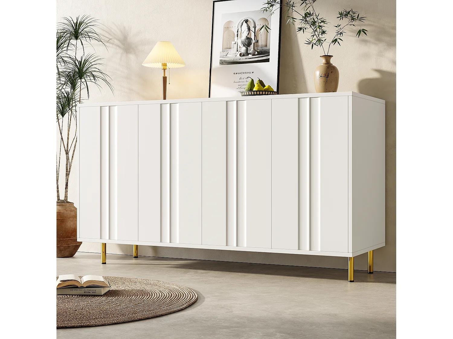 Buffet avec 4 portes - 140 x 40 x 85.9 cm - MDF + pieds en métal - pour salon, salle à manger - Blanc