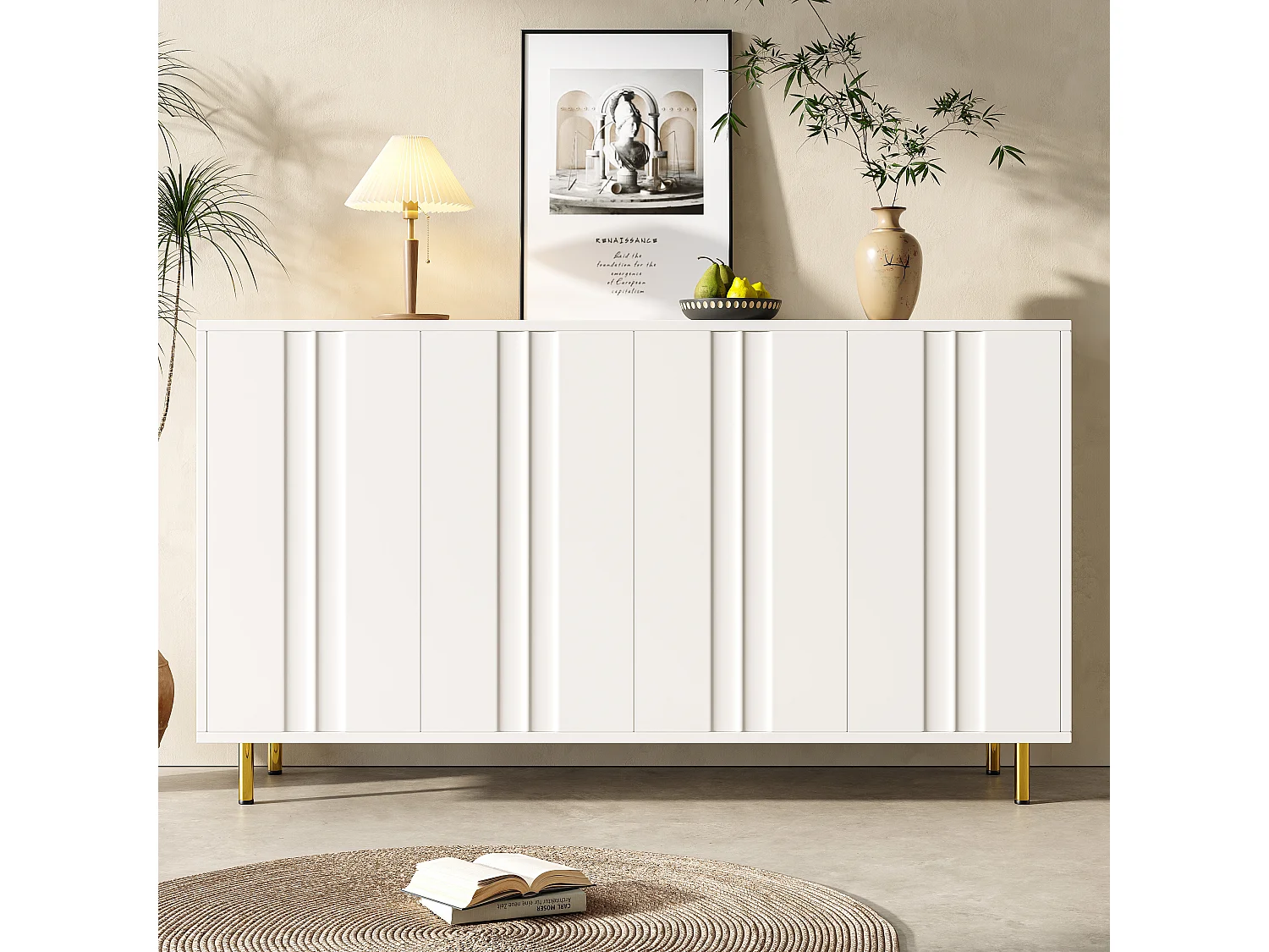 Buffet avec 4 portes - 140 x 40 x 85.9 cm - MDF + pieds en métal - pour salon, salle à manger - Blanc