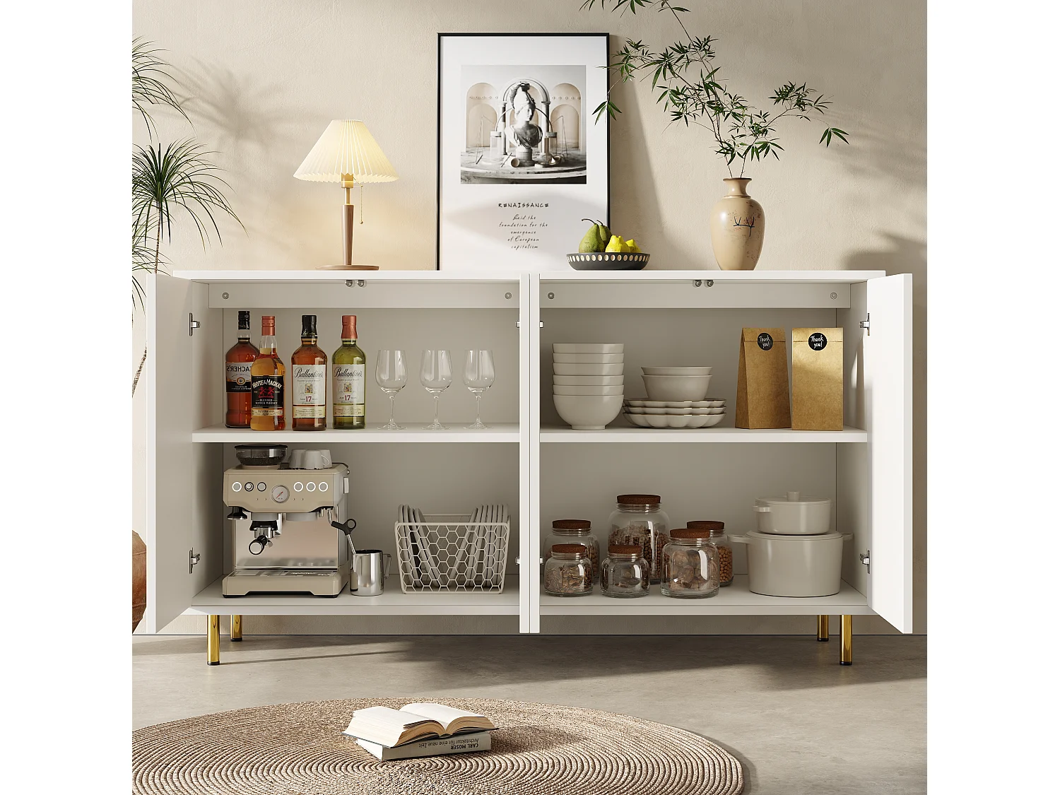 Buffet avec 4 portes - 140 x 40 x 85.9 cm - MDF + pieds en métal - pour salon, salle à manger - Blanc