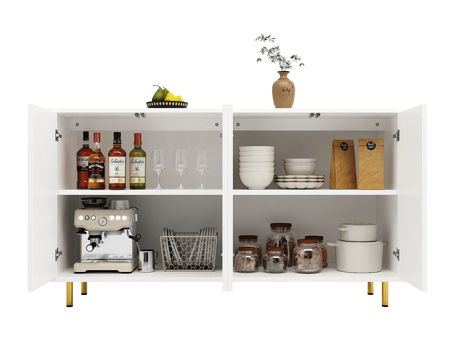 Credenza con 4 ante - 140 x 40 x 85,9 cm - MDF + gambe in metallo - per soggiorno, sala da pranzo - Bianco