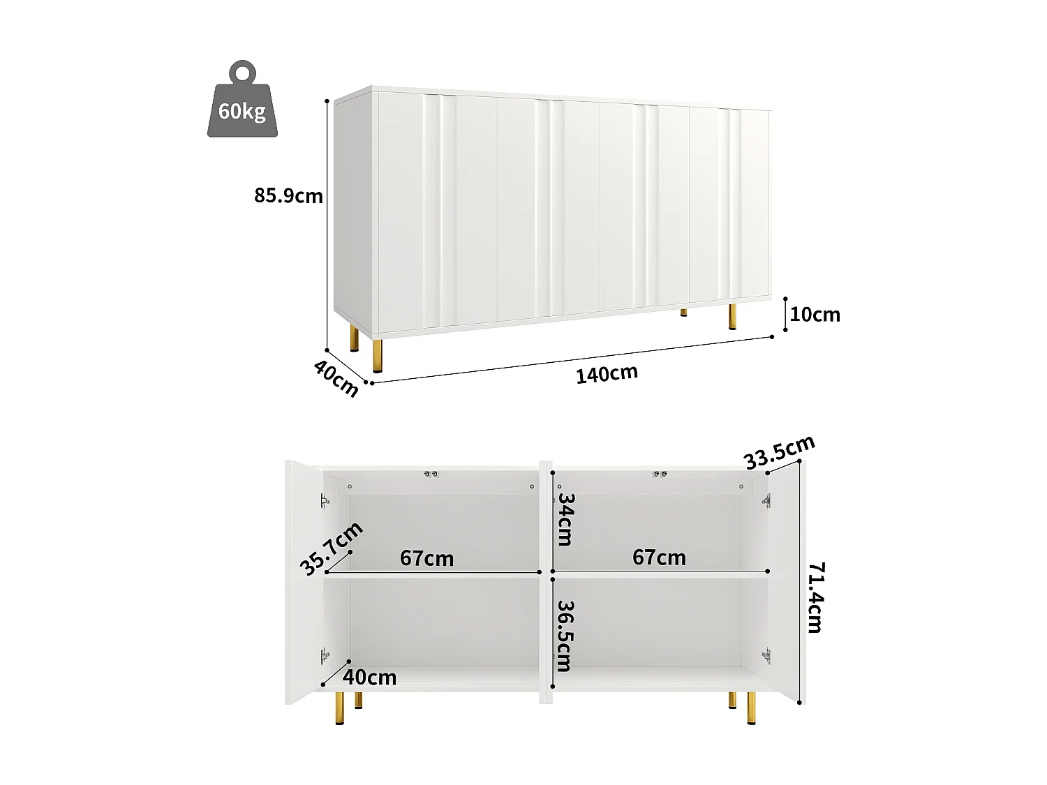 Credenza con 4 ante - 140 x 40 x 85,9 cm - MDF + gambe in metallo - per soggiorno, sala da pranzo - Bianco