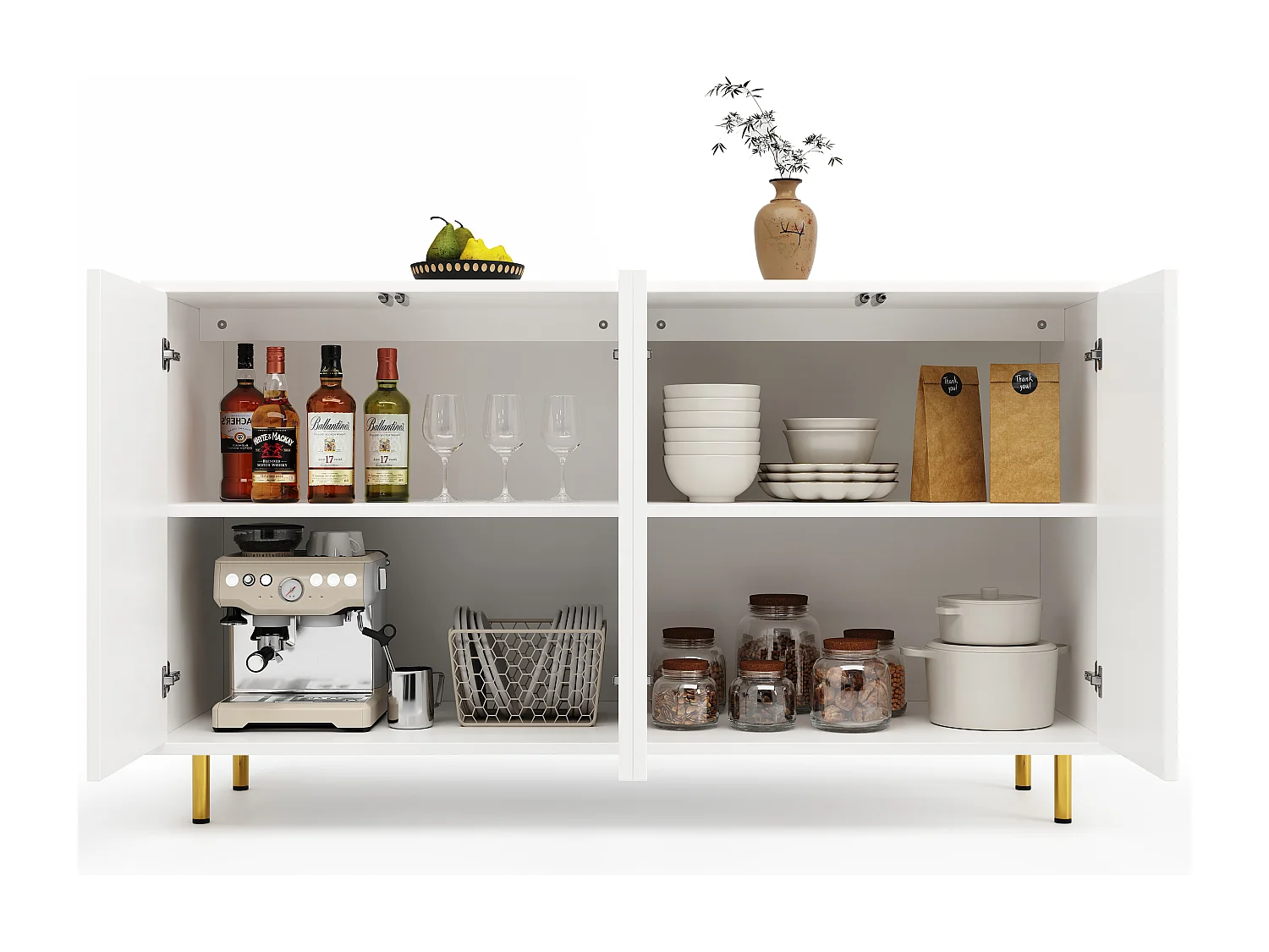Credenza con 4 ante - 140 x 40 x 85,9 cm - MDF + gambe in metallo - per soggiorno, sala da pranzo - Bianco
