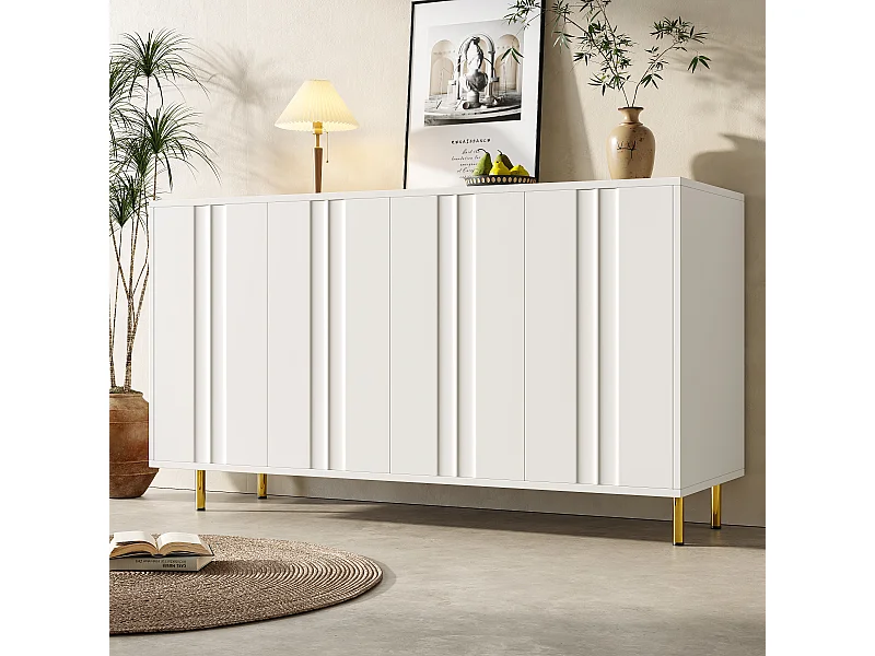 Buffet avec 4 portes - 140 x 40 x 85.9 cm - MDF + pieds en métal - pour salon, salle à manger - Blanc