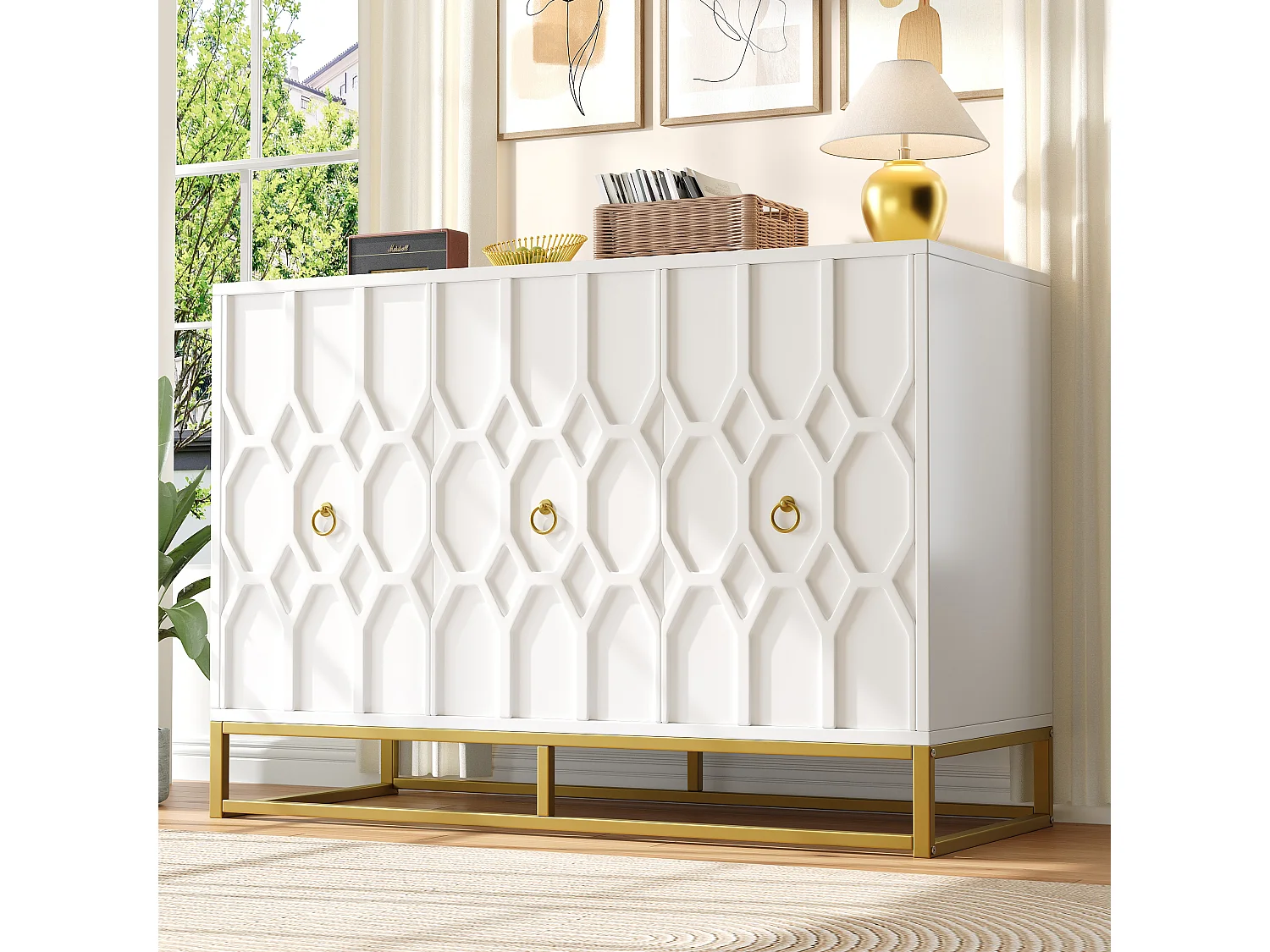 Buffet avec 3 portes - 120 x 40 x 85 cm - MDF et pieds en métal doré - pour salon, salle à manger - Blanc
