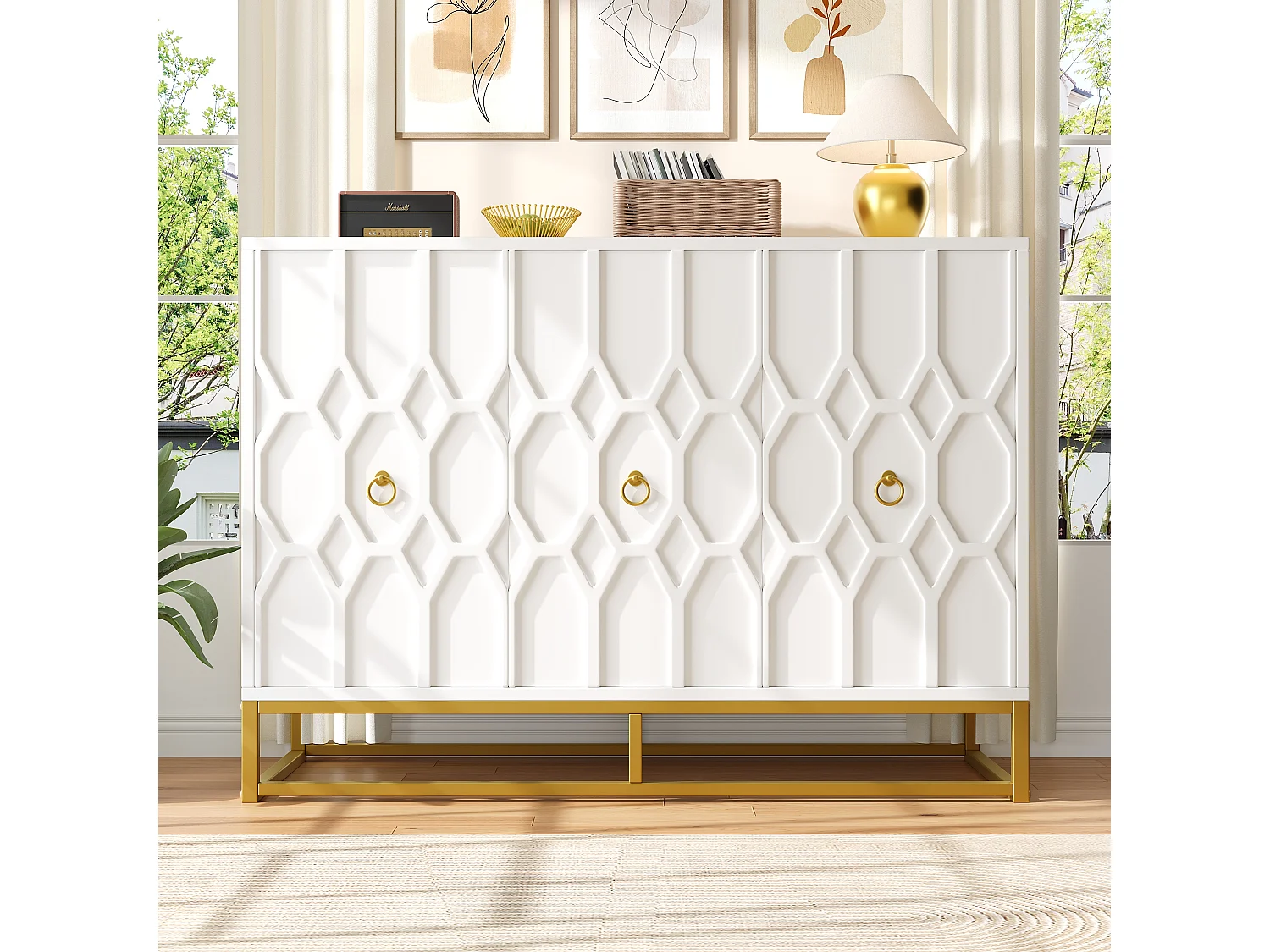 Buffet avec 3 portes - 120 x 40 x 85 cm - MDF et pieds en métal doré - pour salon, salle à manger - Blanc