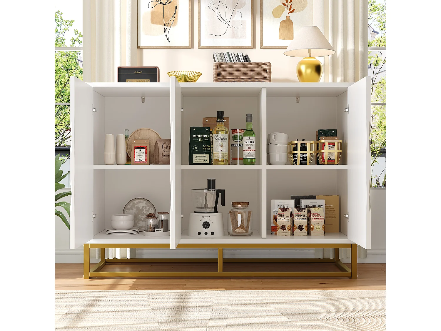 Buffet avec 3 portes - 120 x 40 x 85 cm - MDF et pieds en métal doré - pour salon, salle à manger - Blanc