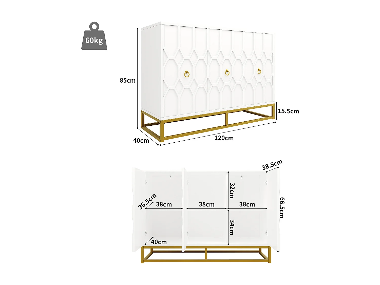 Buffet avec 3 portes - 120 x 40 x 85 cm - MDF et pieds en métal doré - pour salon, salle à manger - Blanc