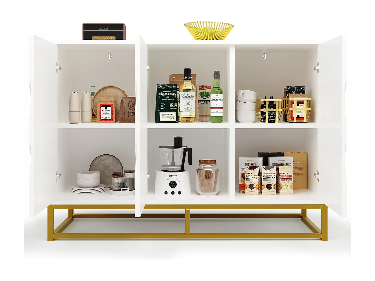 Buffet avec 3 portes - 120 x 40 x 85 cm - MDF et pieds en métal doré - pour salon, salle à manger - Blanc