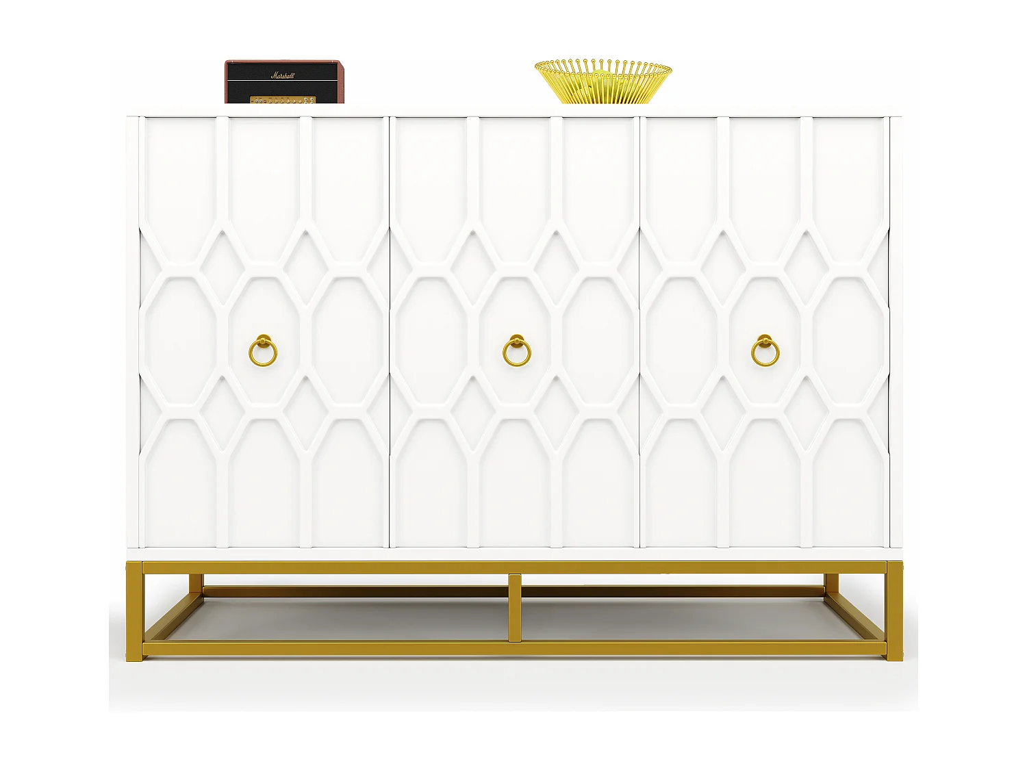 Buffet avec 3 portes - 120 x 40 x 85 cm - MDF et pieds en métal doré - pour salon, salle à manger - Blanc