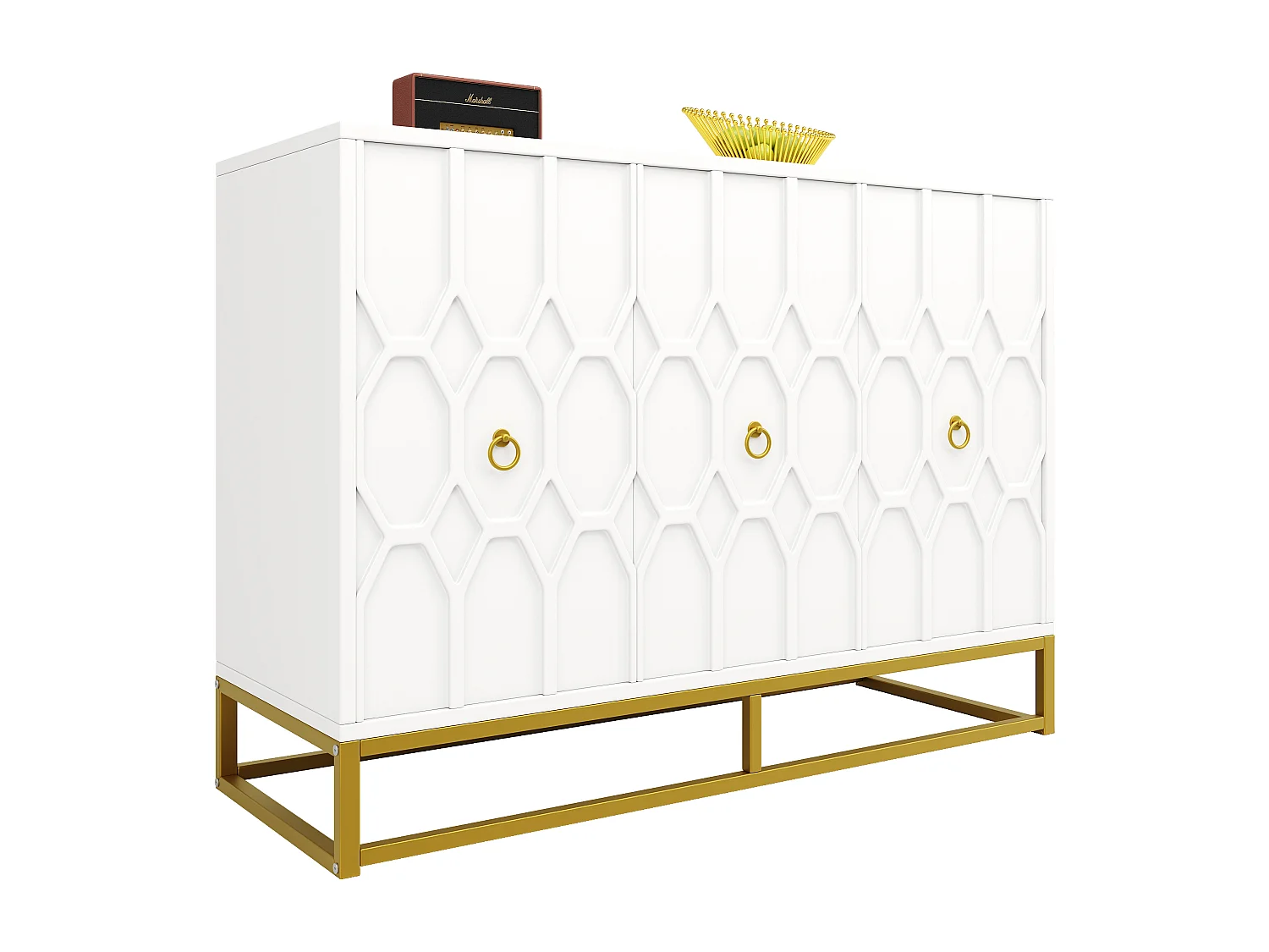 Buffet avec 3 portes - 120 x 40 x 85 cm - MDF et pieds en métal doré - pour salon, salle à manger - Blanc