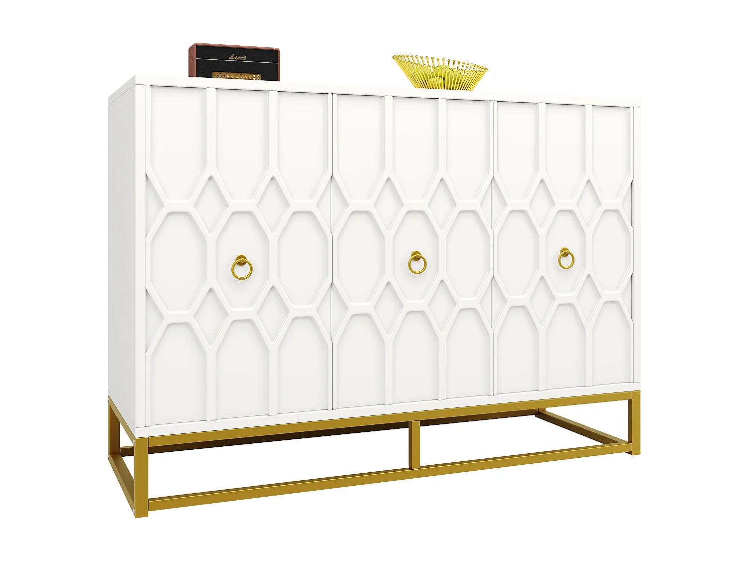 Buffet avec 3 portes - 120 x 40 x 85 cm - MDF et pieds en métal doré - pour salon, salle à manger - Blanc